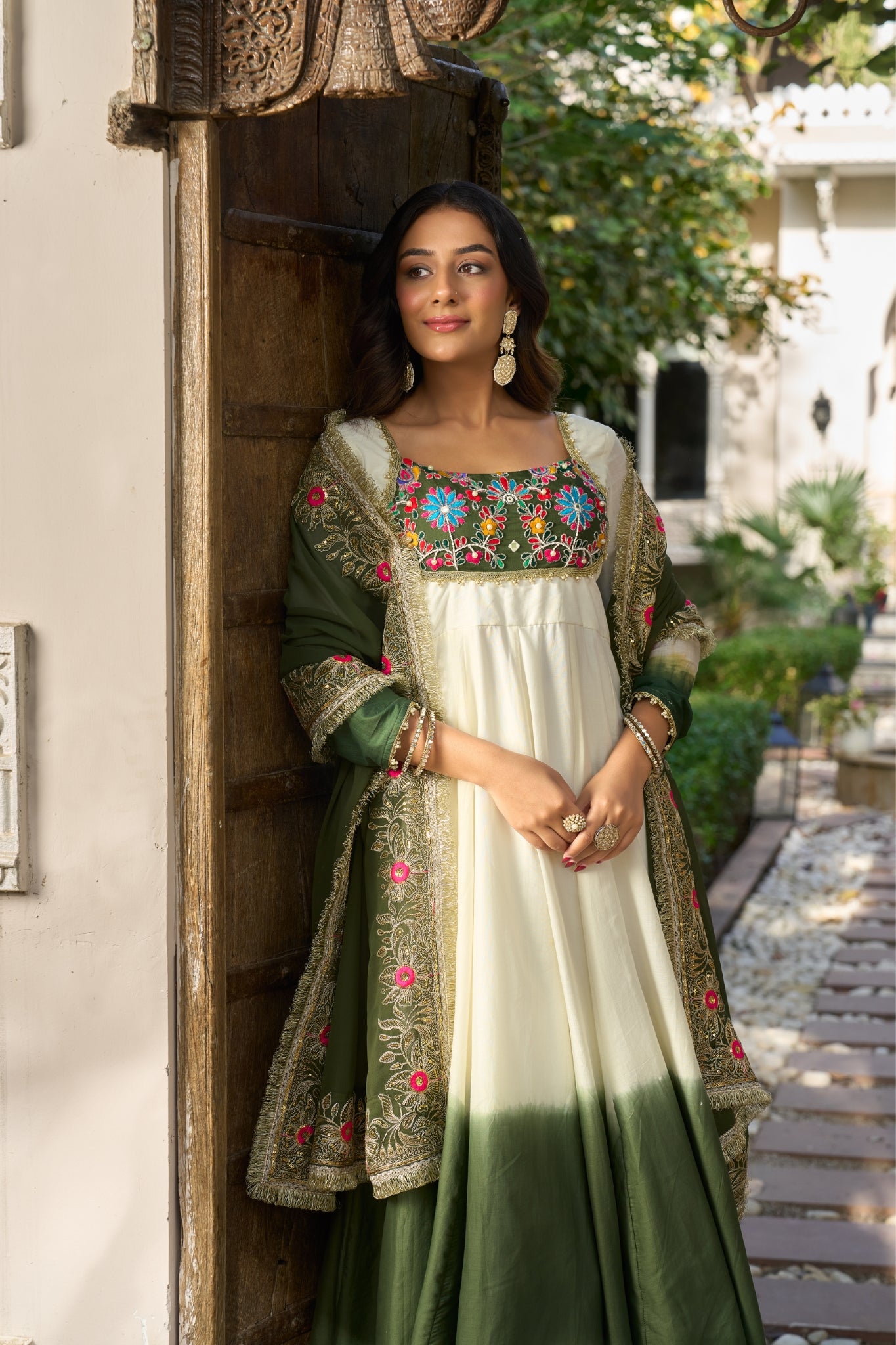 Designer Mul Chanderi Anarkali Suit Set With Palazzo Dupatta For Women