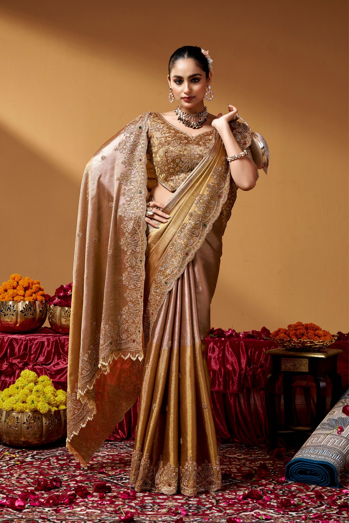 Kanjivaram Zari Tissue Designer Hand Embroider And Tube Beads Wedding Saree
