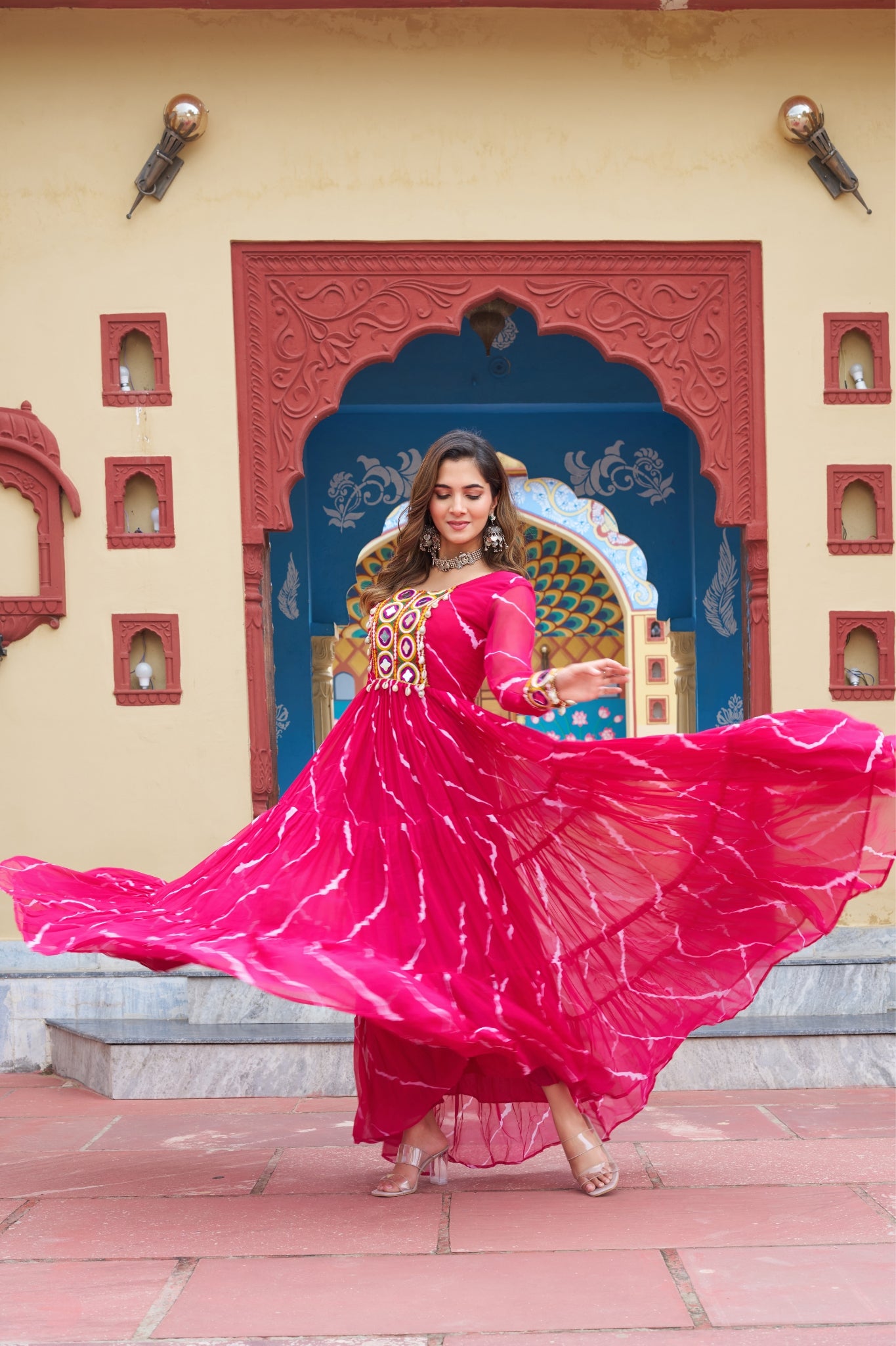 Stunning Laheriya Print With Kutchi Patch Work Georgette Stylish Navratri Gown
