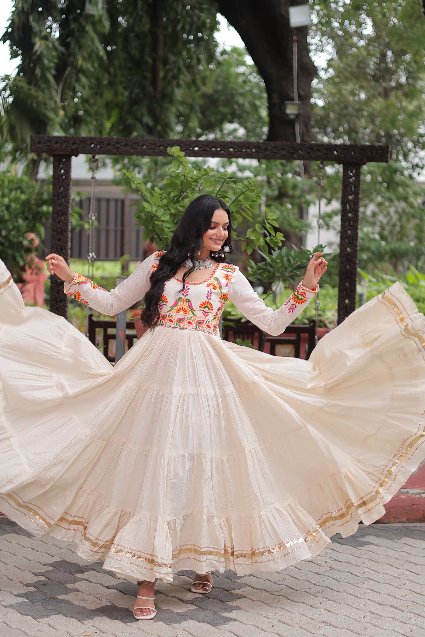 Off White Navratri Designer Multi Thread Embroidered With Gota Patti Work Cotton Gown