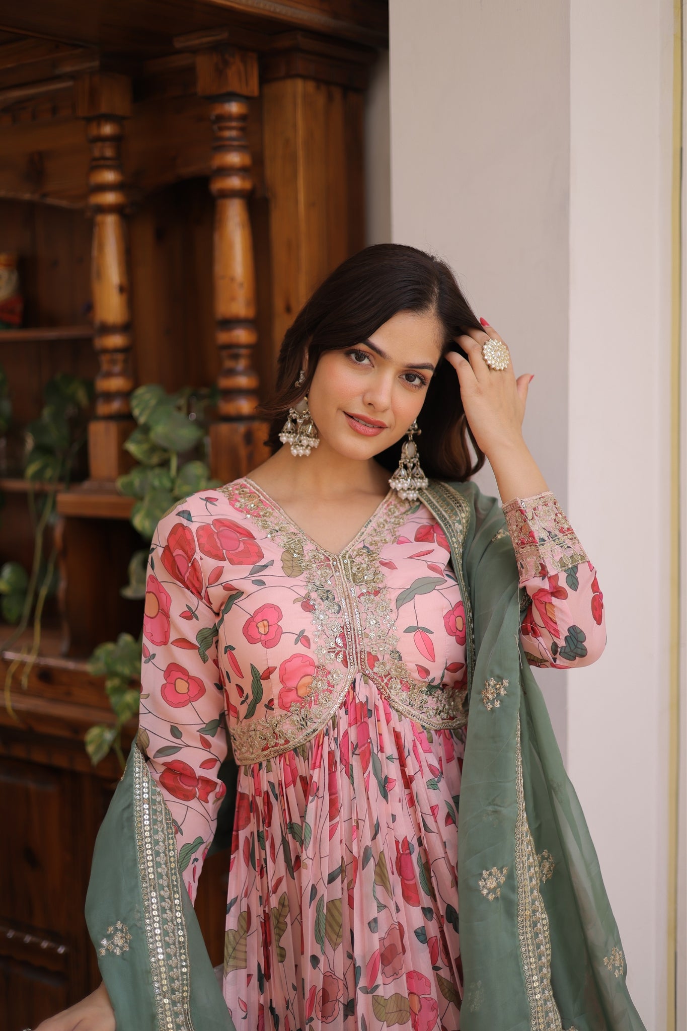 Designer Zari Sequins Embroidery With Printed Russian Silk Anarkali Suit