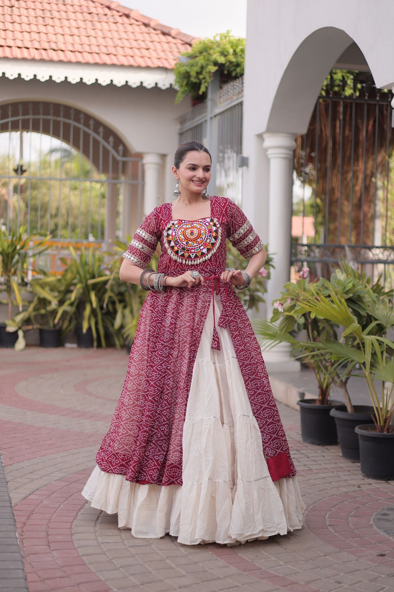 Raasrang Navratri Designer Kora Cotton Lehenga With Kutchi Patchwork Bandhani Print Kurti For Garba & Dandiya