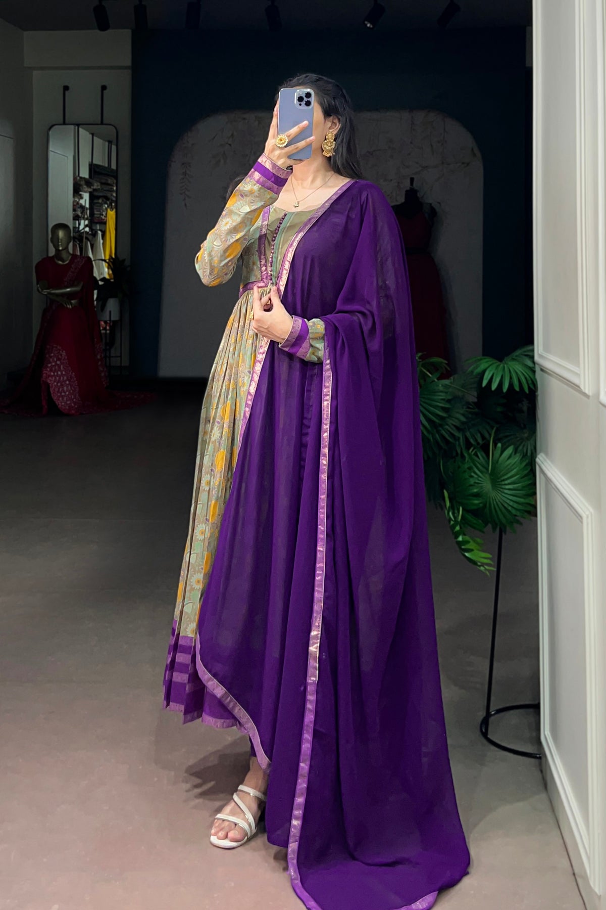Tasar Silk Floral Print Anarkali Dress with Foil Work & Georgette Lace Border Dupatta