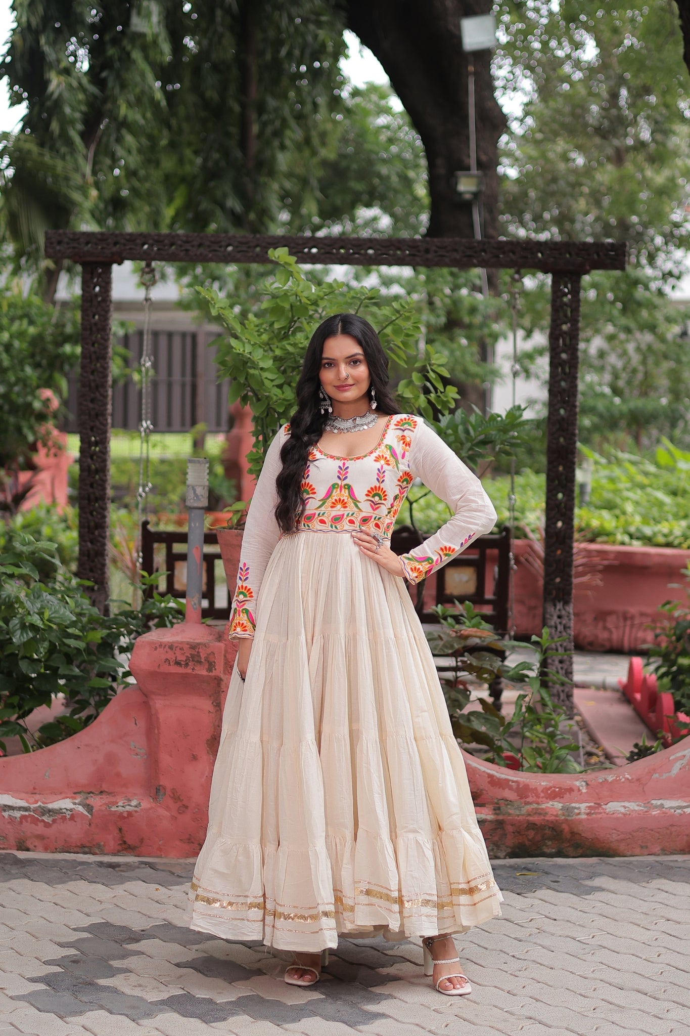 Off White Navratri Designer Multi Thread Embroidered With Gota Patti Work Cotton Gown