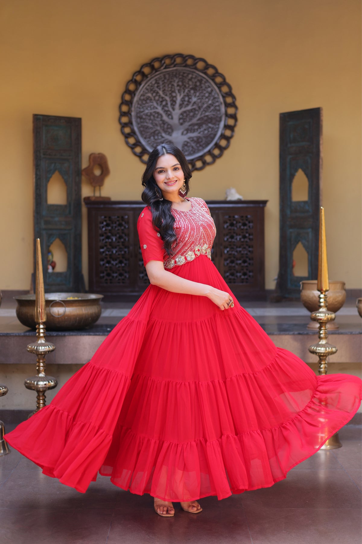 Rani Pink & Red Faux Blooming Designer Sequins Embroidered Tiered Flared Anarkali Gown