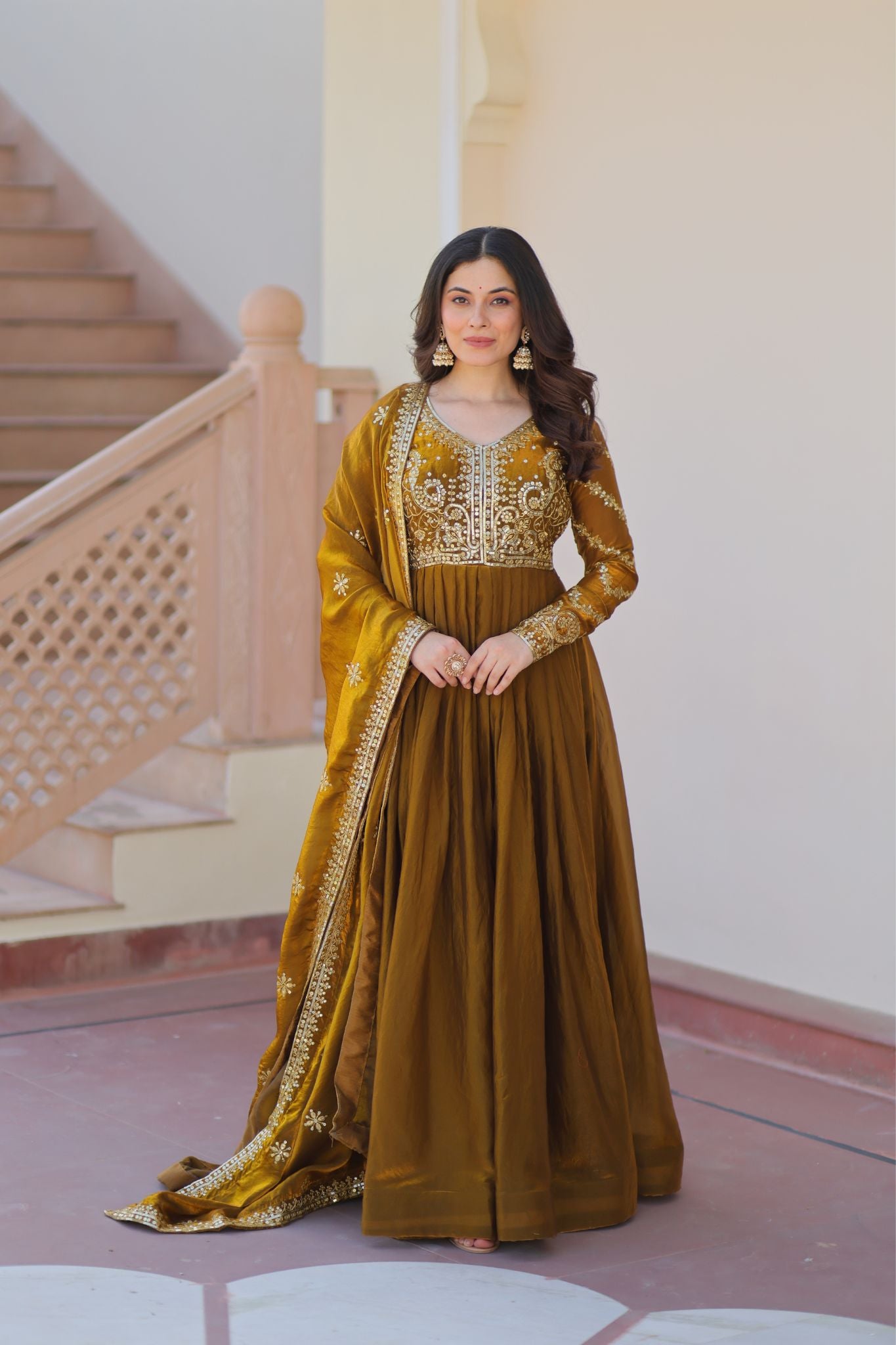 Designer Sequins Multi Embroidered Work Women Gown With Dupatta