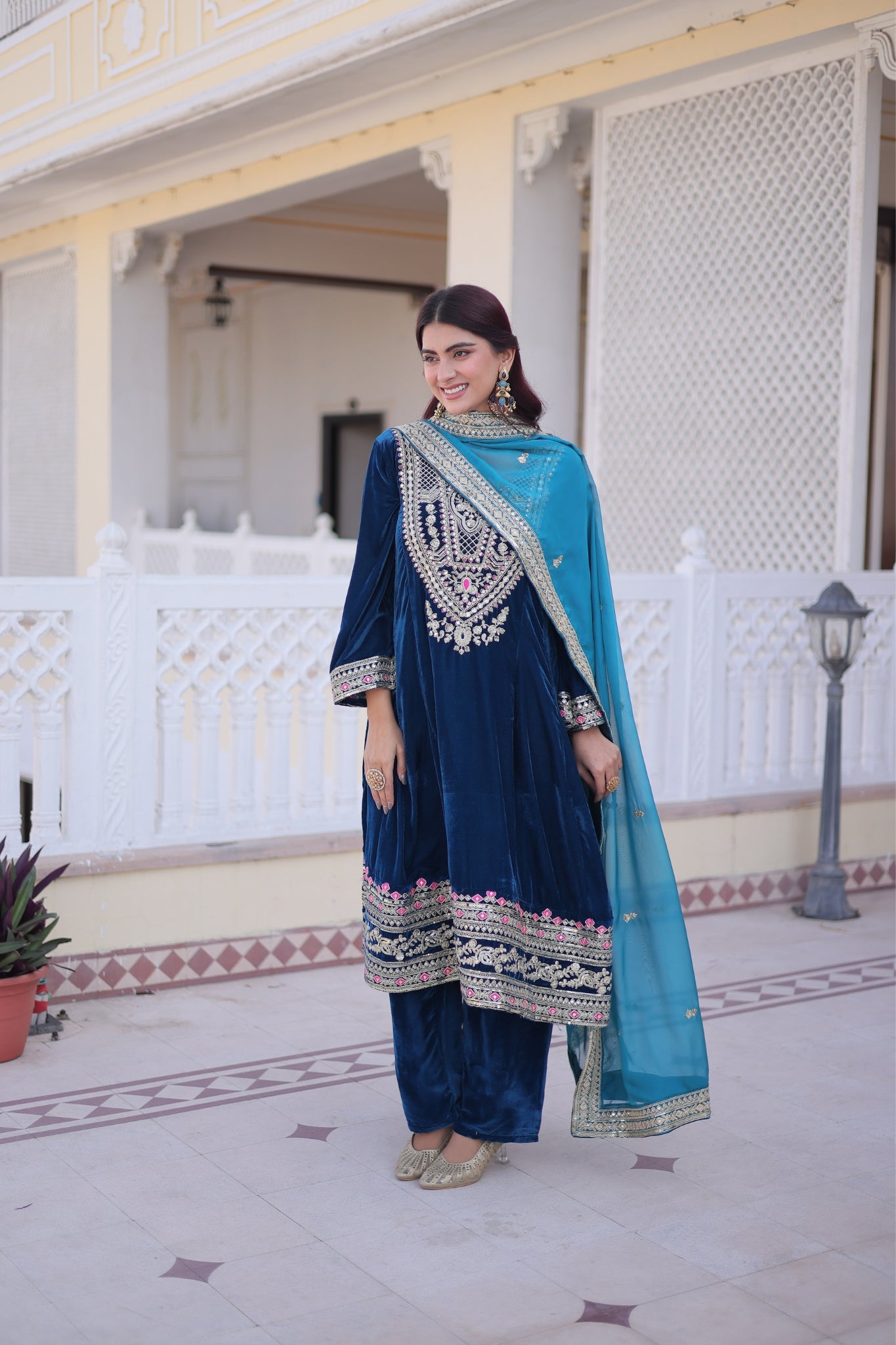 Designer Velvet Kurta Suit With Rich Zari And Thread Embroidery