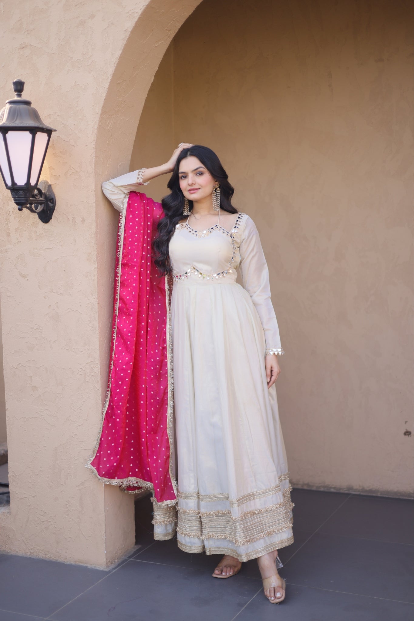 Cosmos Real Mirror Work Designer Embroidered Anarkali Gown With Dupatta