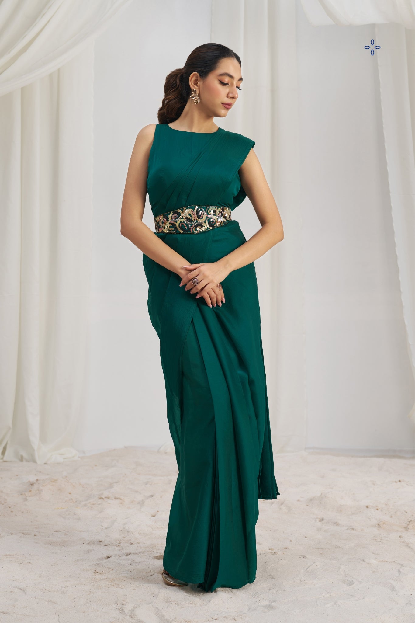 Teal Green Royale Luxe Organza Saree With Signature Embellished Belt