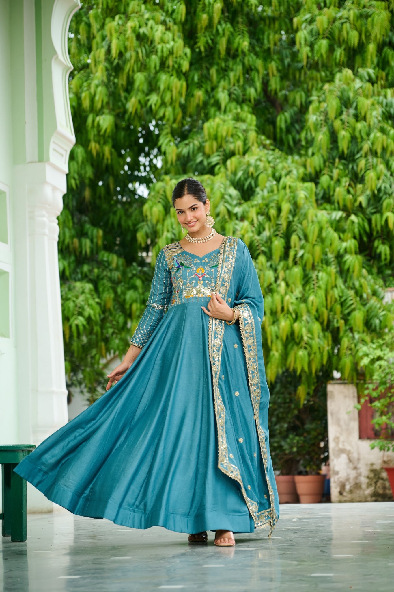 Premium Vichitra Silk Embroidered Gown With Sequins And Zari Work