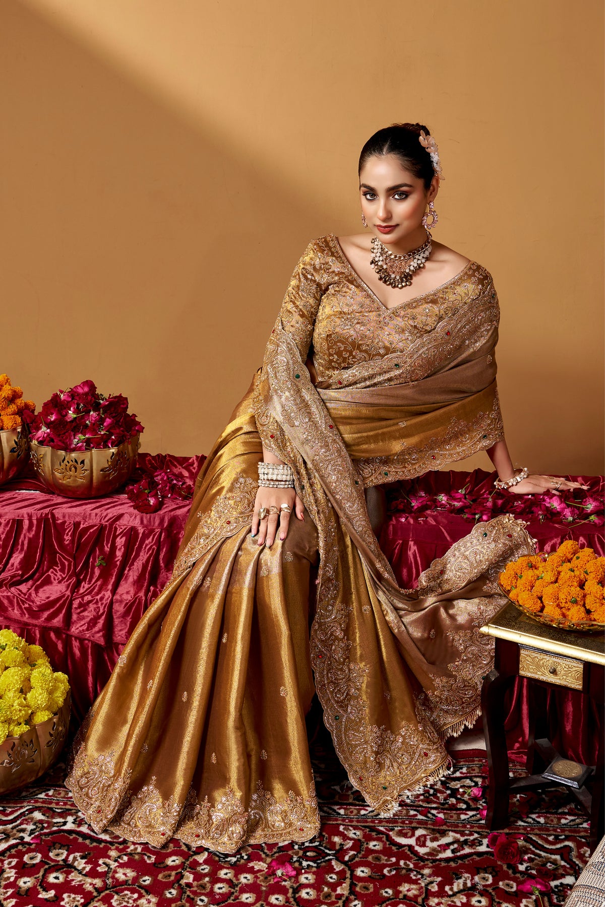Kanjivaram Zari Tissue Designer Hand Embroider And Tube Beads Wedding Saree