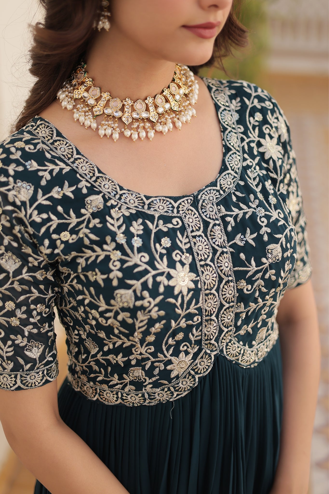 Designer Embroidery Zari Sequins Work Gown Set