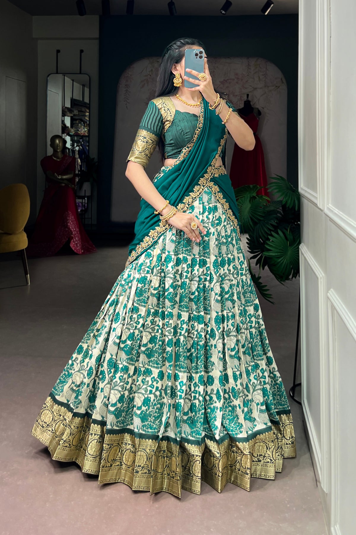 Designer Peacock Floral Print Half Saree Lehenga Choli