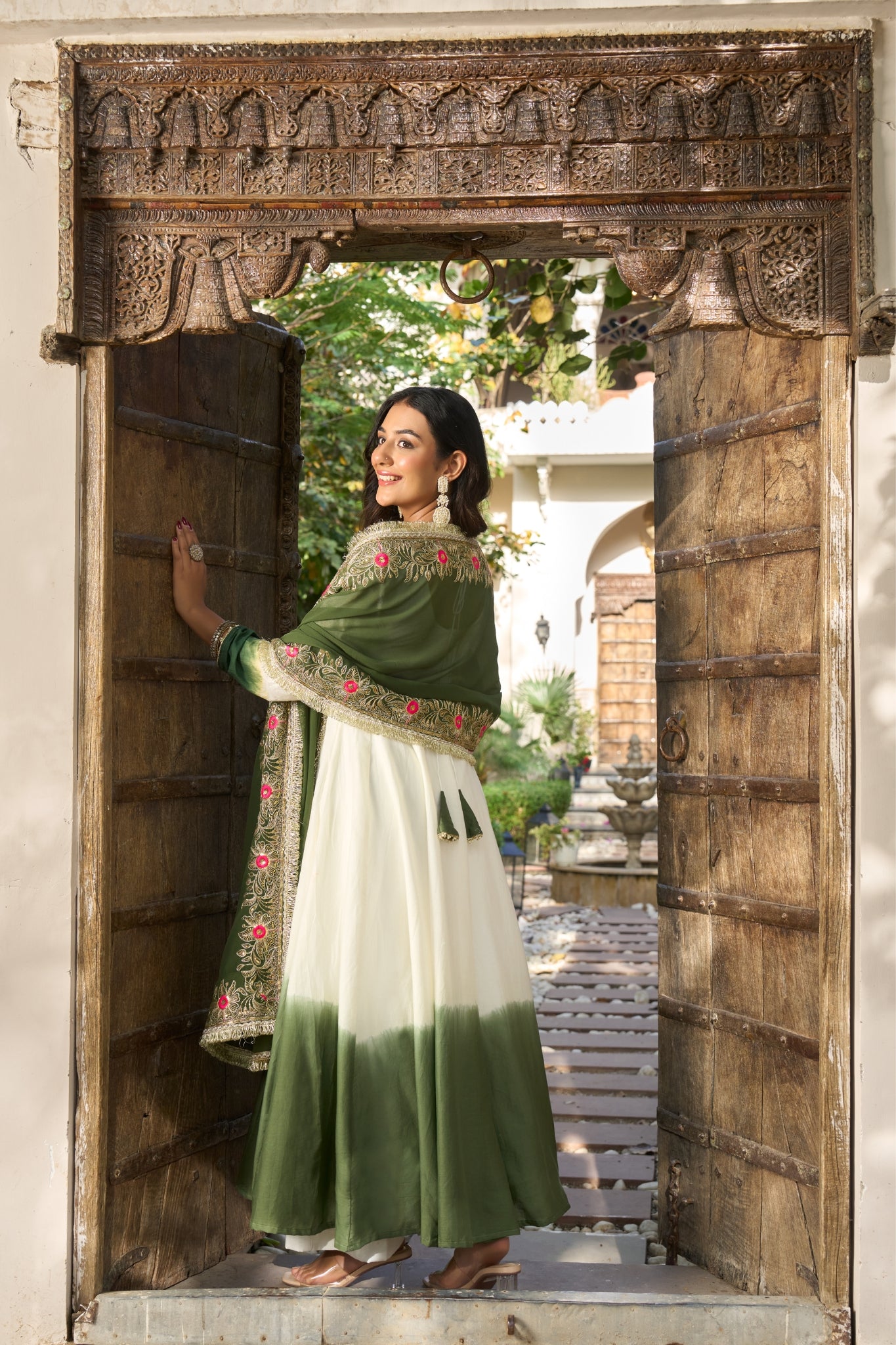 Designer Mul Chanderi Anarkali Suit Set With Palazzo Dupatta For Women