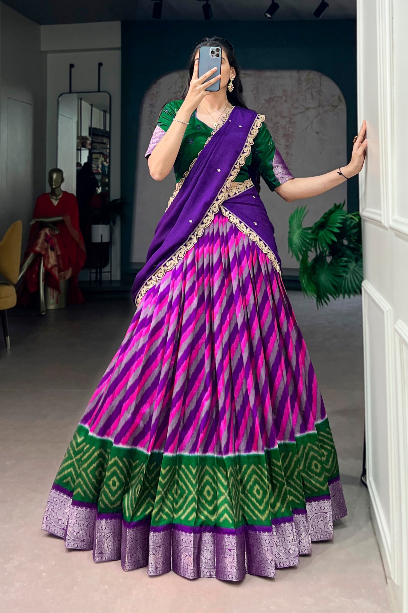 Designer Tasar Silk Leheriya Print Lehenga Choli