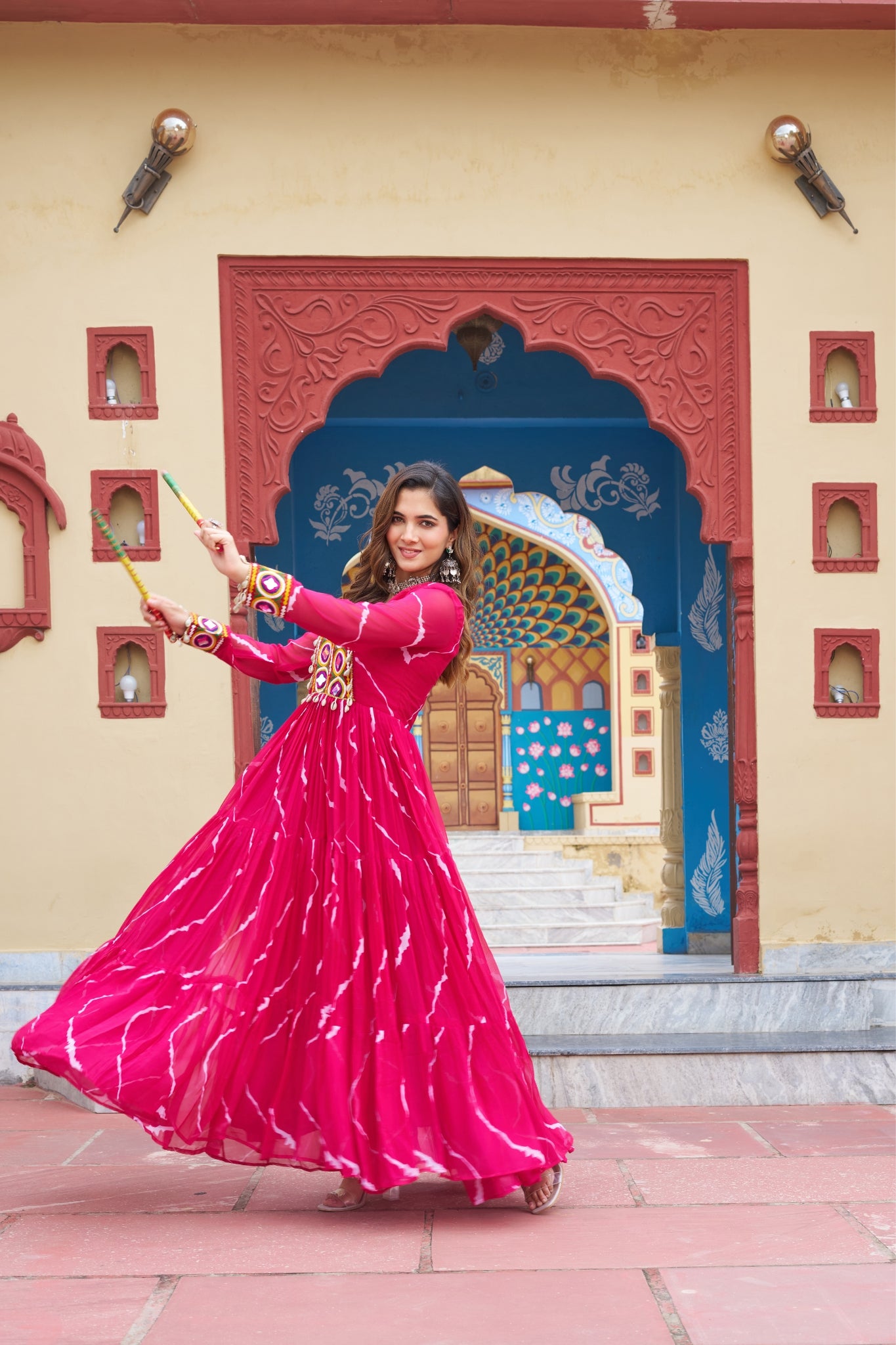 Stunning Laheriya Print With Kutchi Patch Work Georgette Stylish Navratri Gown