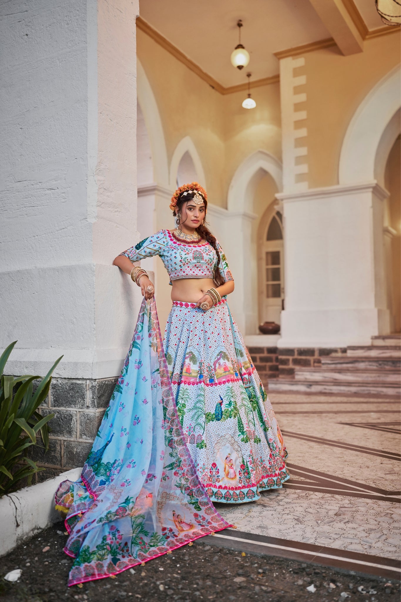 Elegant Powder Blue Art Silk Heritage Lehenga Set