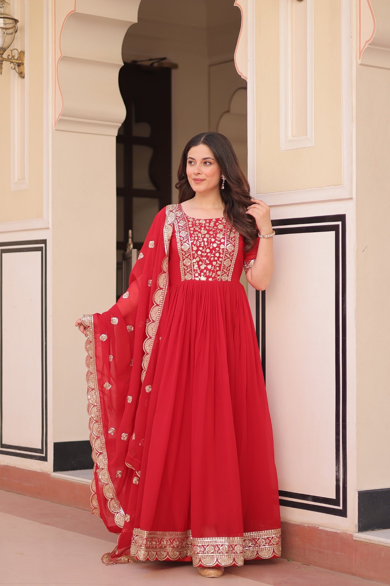 Embroidery Zari Sequins Work Designer Gown With Dupatta Set