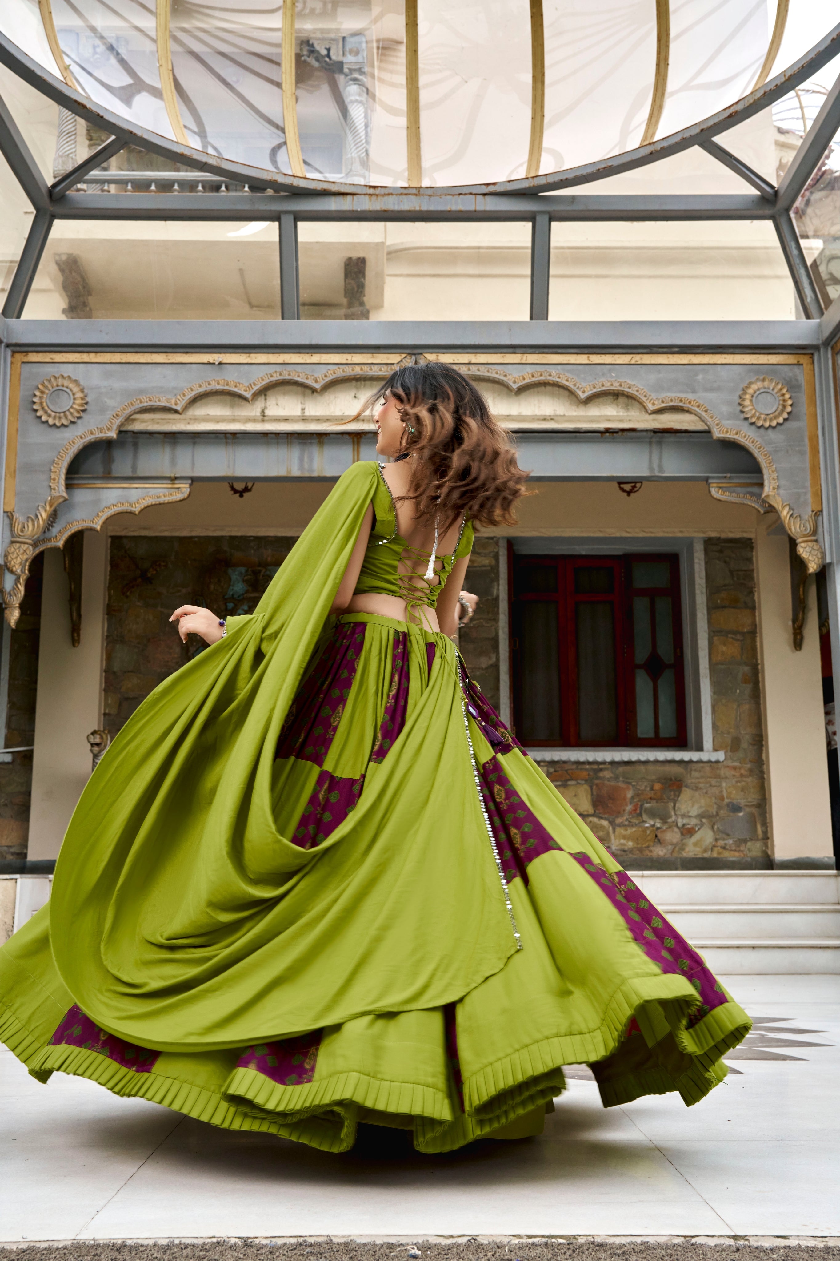 Designer Raasrang Special Green & Wine Pure Rayon Lehenga Choli With Gotta Patti Mirror Work