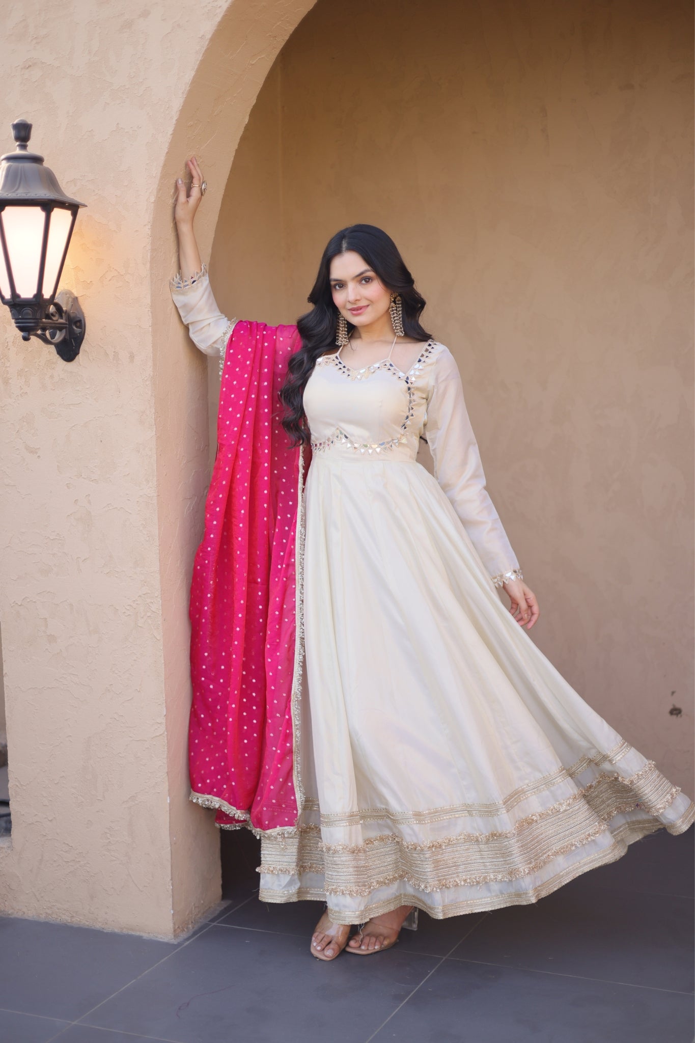 Cosmos Real Mirror Work Designer Embroidered Anarkali Gown With Dupatta