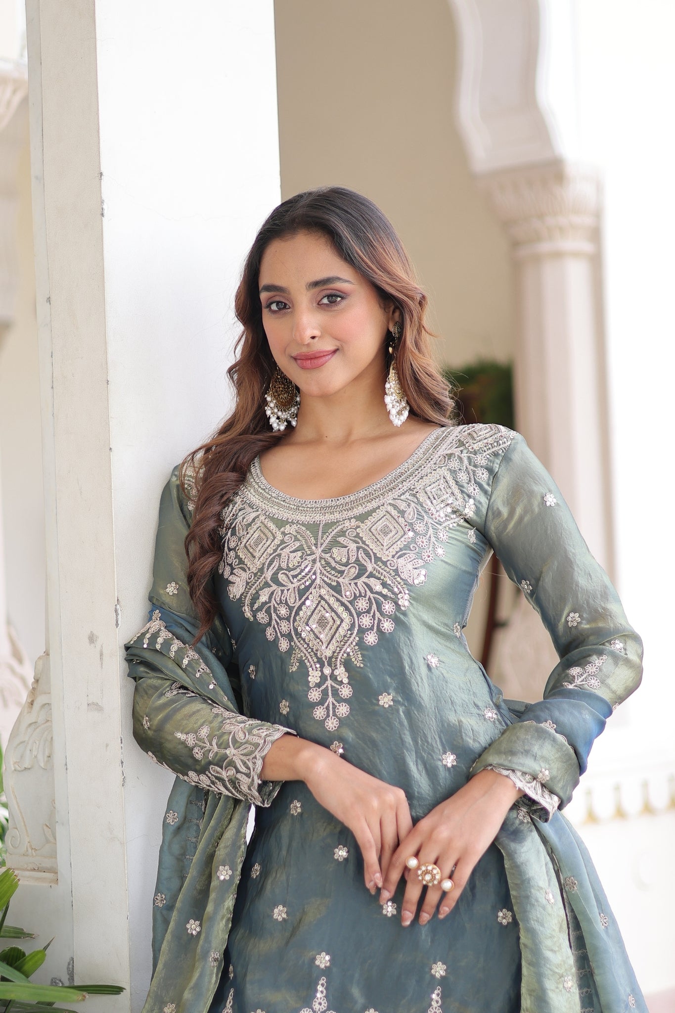 Designer Fendi Silk Kurti Sharara Set With Coding Sequins Embroidery