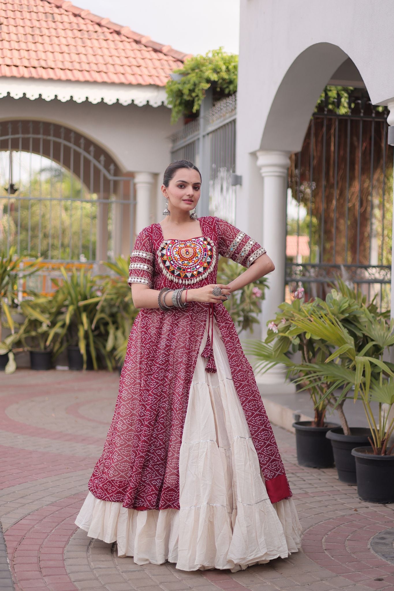 Raasrang Navratri Designer Kora Cotton Lehenga With Kutchi Patchwork Bandhani Print Kurti For Garba & Dandiya