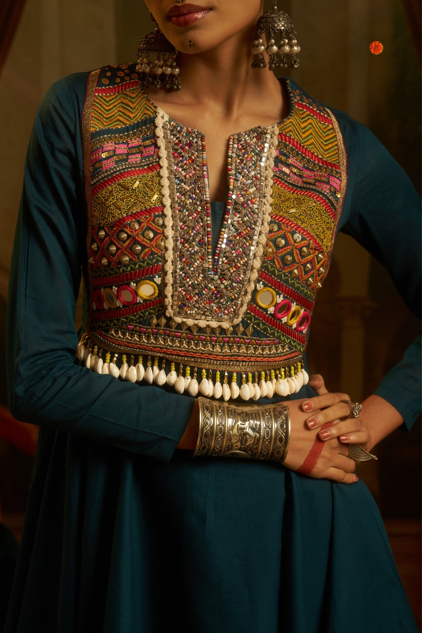 Teal Blue Hand Embroidered Peplum Sharara Set For Women