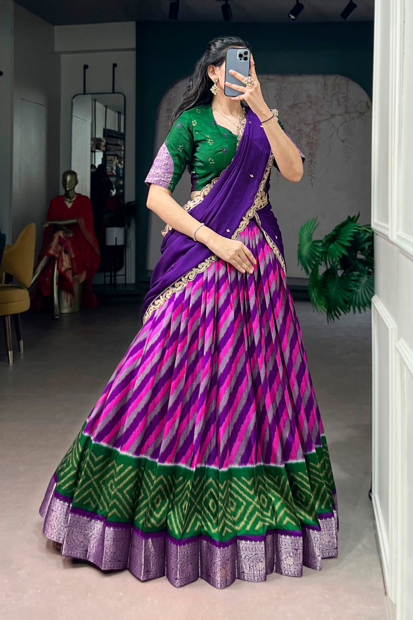 Designer Tasar Silk Leheriya Print Lehenga Choli