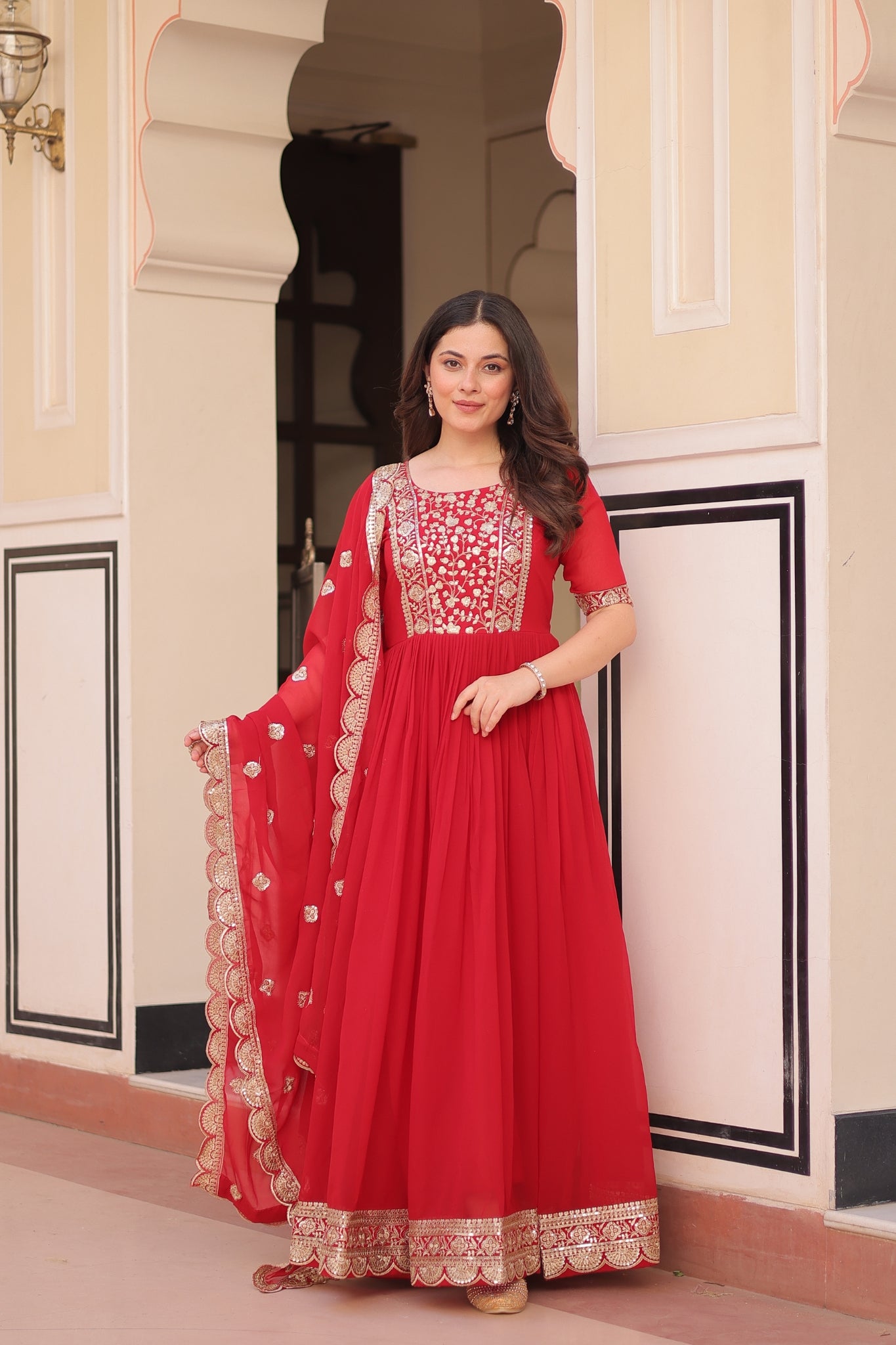 Embroidery Zari Sequins Work Designer Gown With Dupatta Set