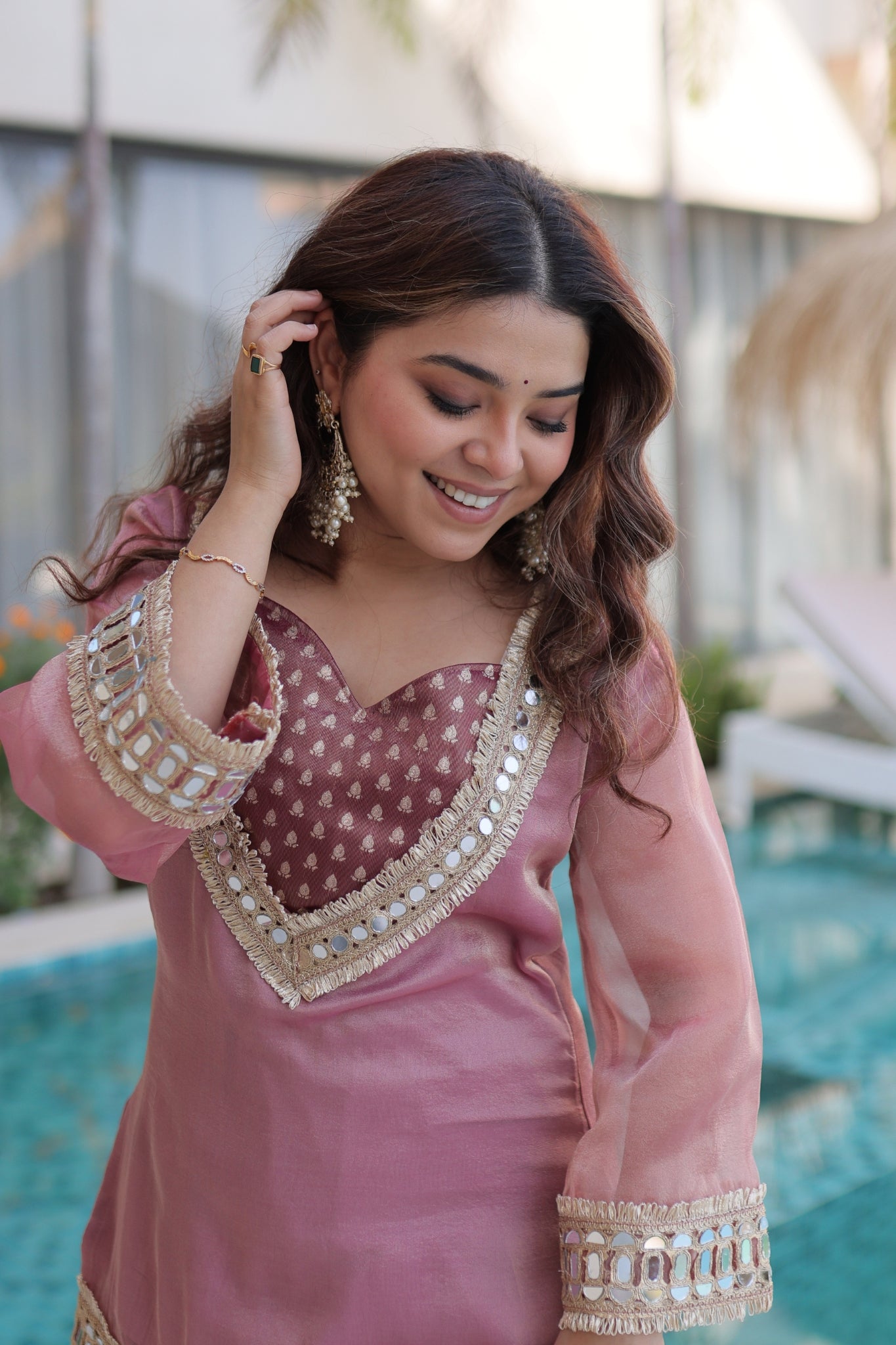 Royal Mirror Work Kurti Palazzo Set For Women