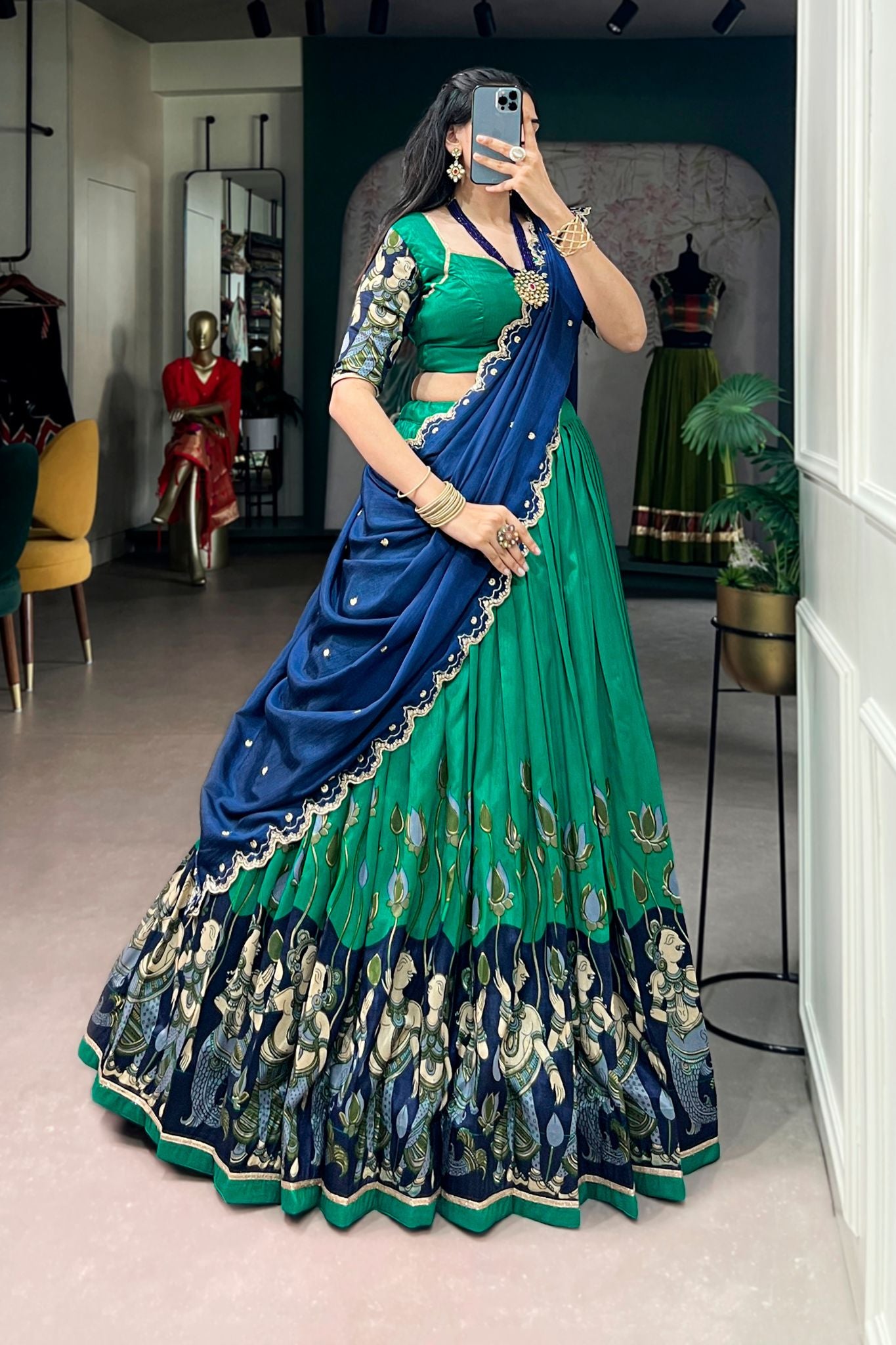 Designer Tasar Silk Kalamkari Print Wedding And Festive Lehenga Choli