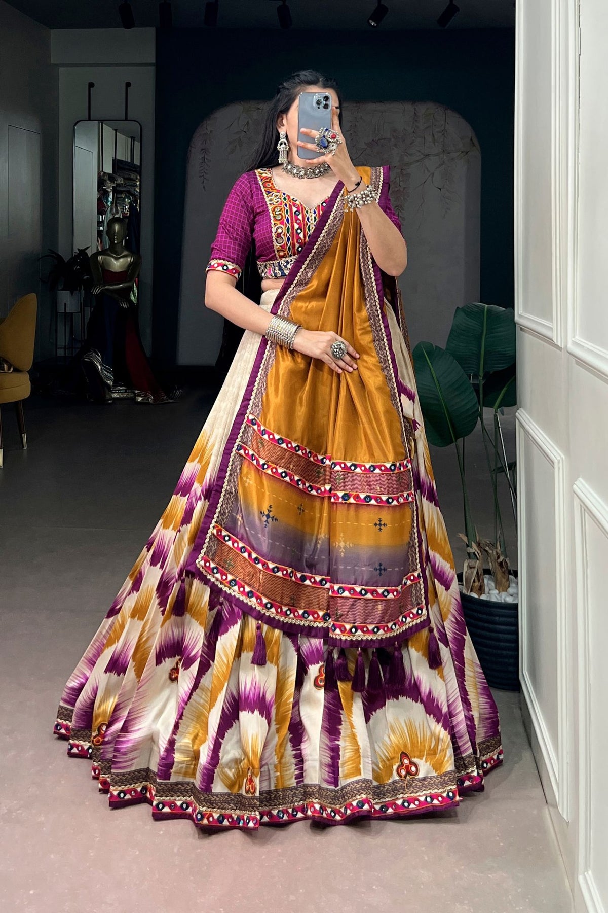 Tasar Silk Tie & Dye With Gamthi Work Navratri Lehenga Choli