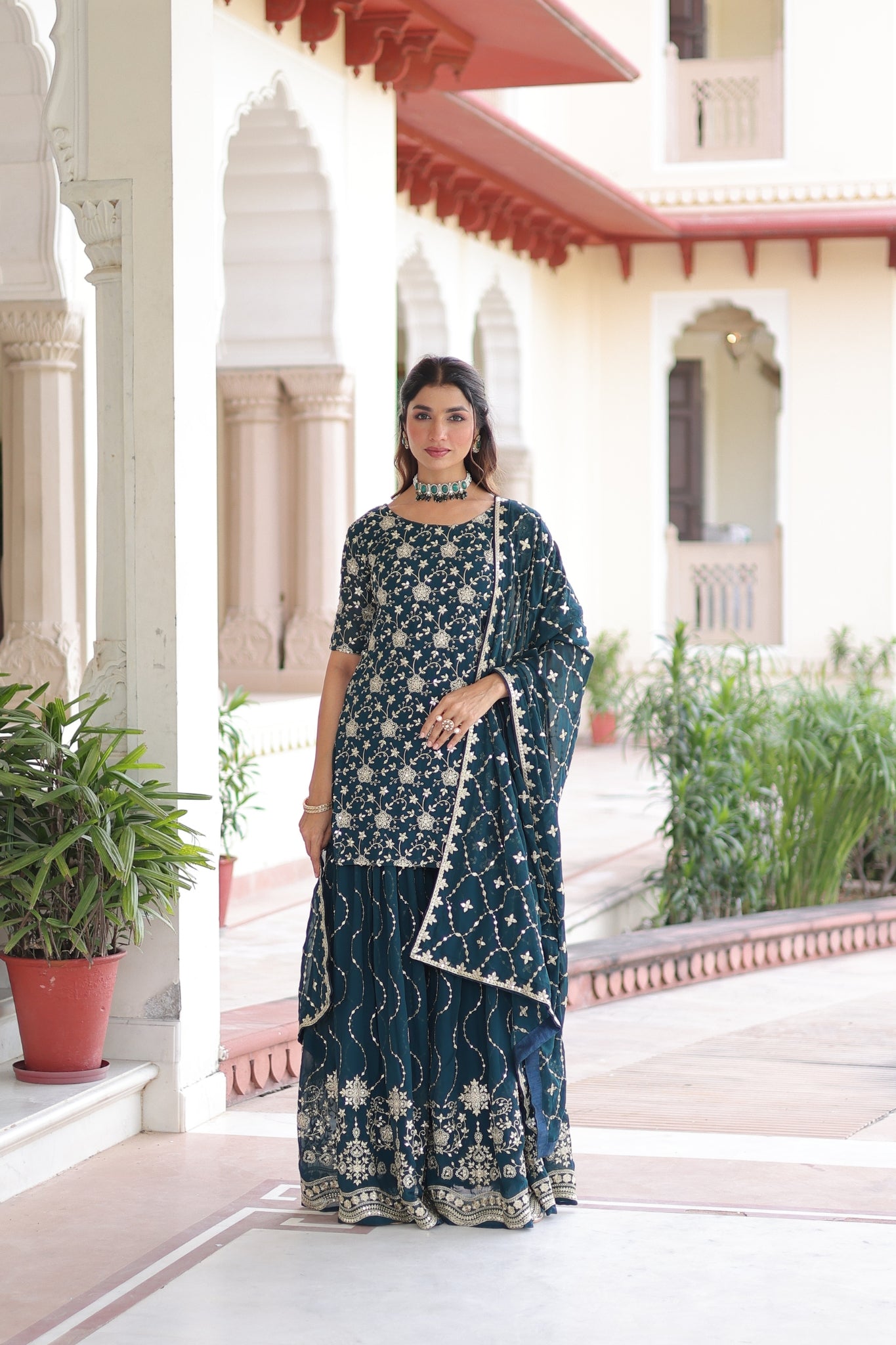 Premium Sequins Embroidered Faux Georgette Kurti Sharara Set With Dupatta