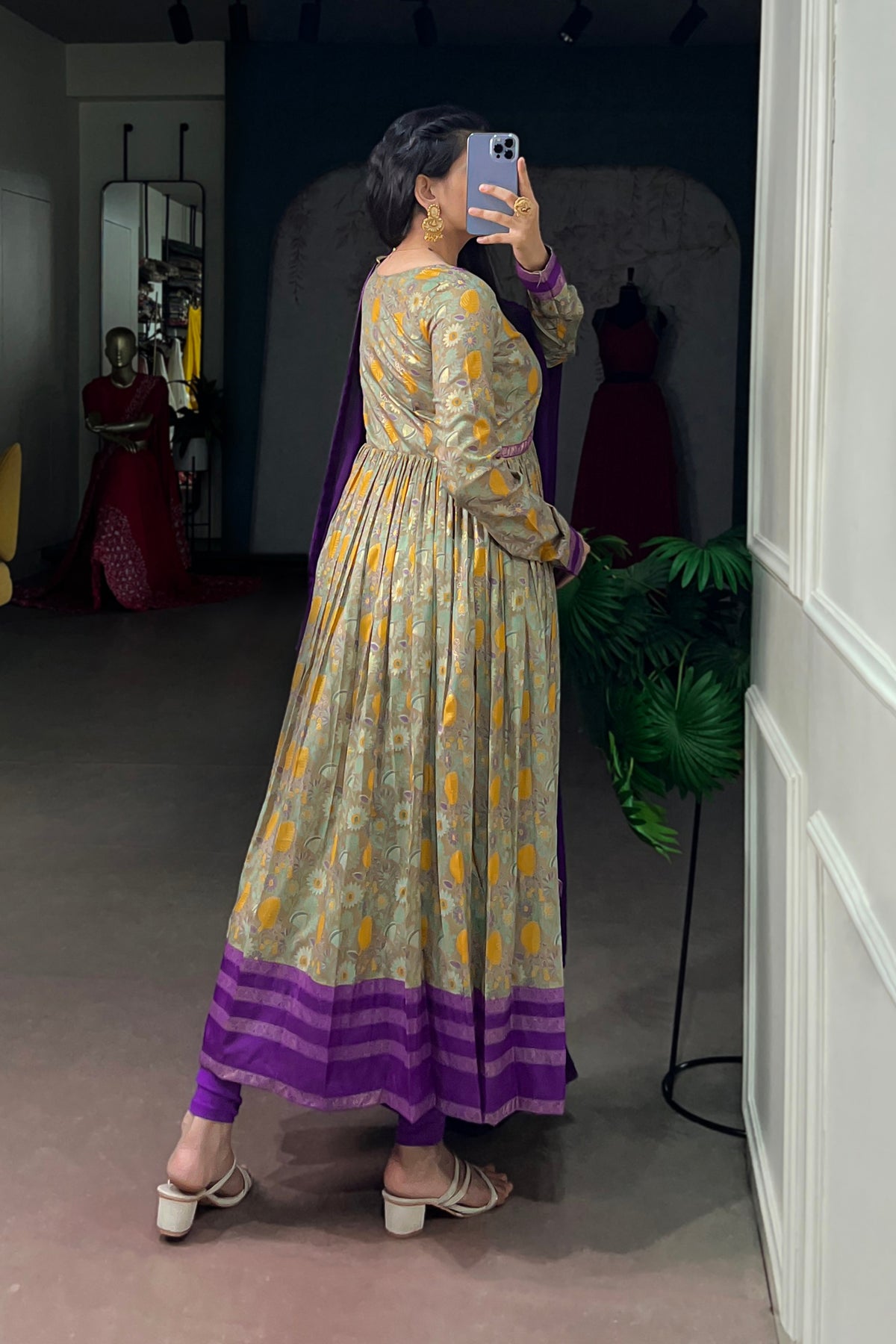 Tasar Silk Floral Print Anarkali Dress with Foil Work & Georgette Lace Border Dupatta
