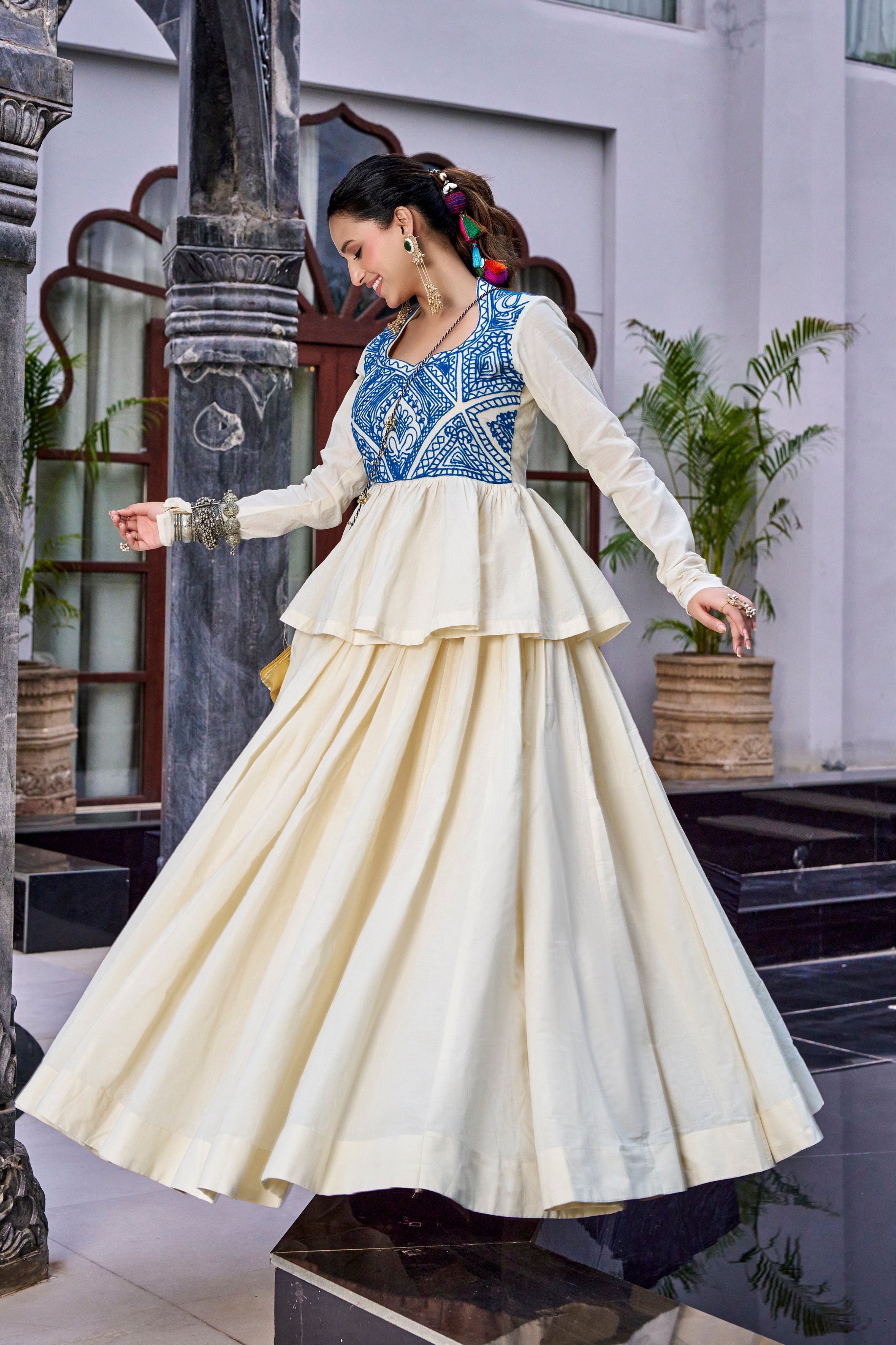 Ivory Pure Cotton Kashida Work Lehenga Choli With Blue Yoke And Purse