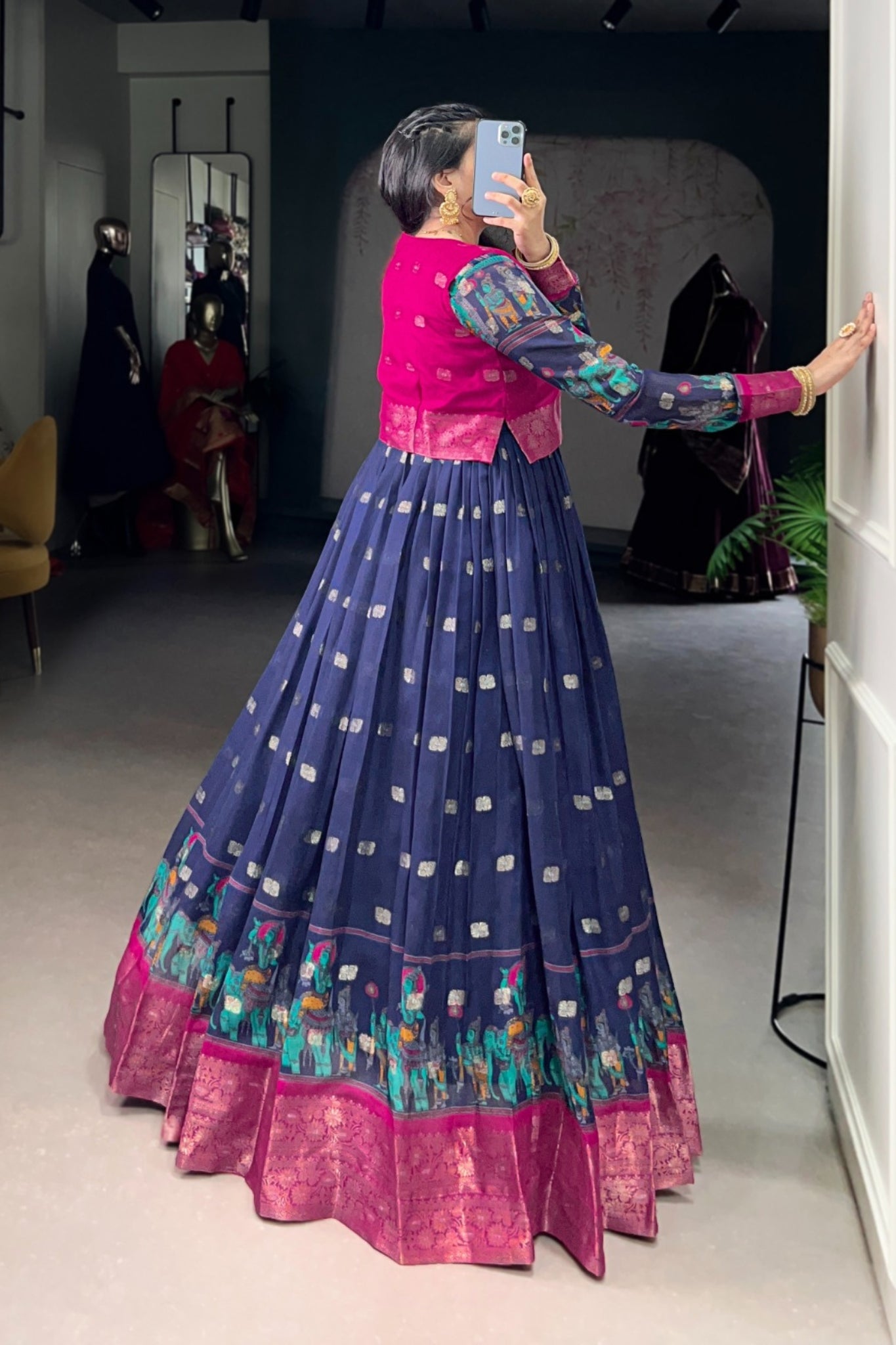 Kalamkari Printed Poly Cotton Zari Weaving Work Designer Gown