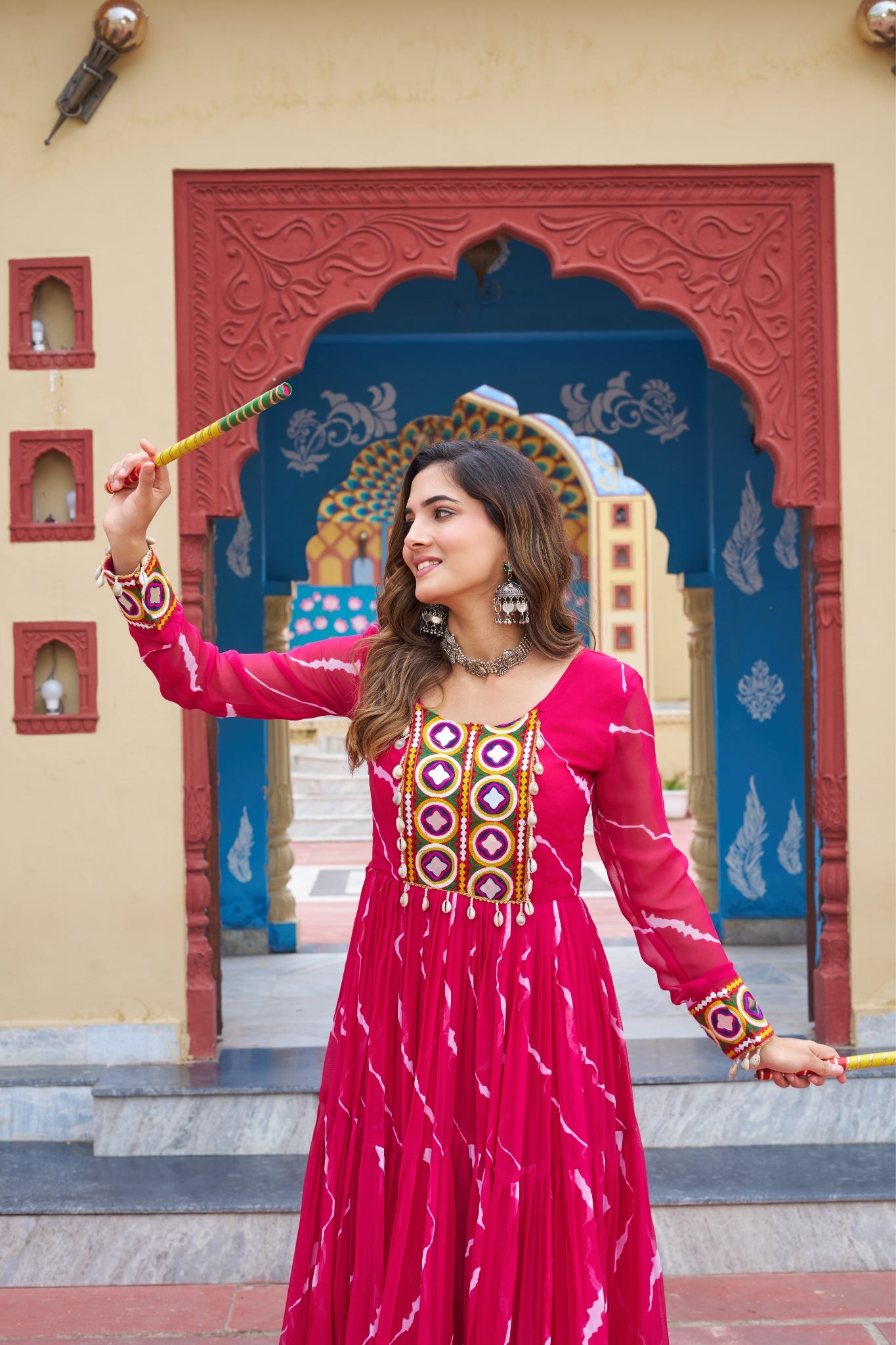 Stunning Laheriya Print With Kutchi Patch Work Georgette Stylish Navratri Gown