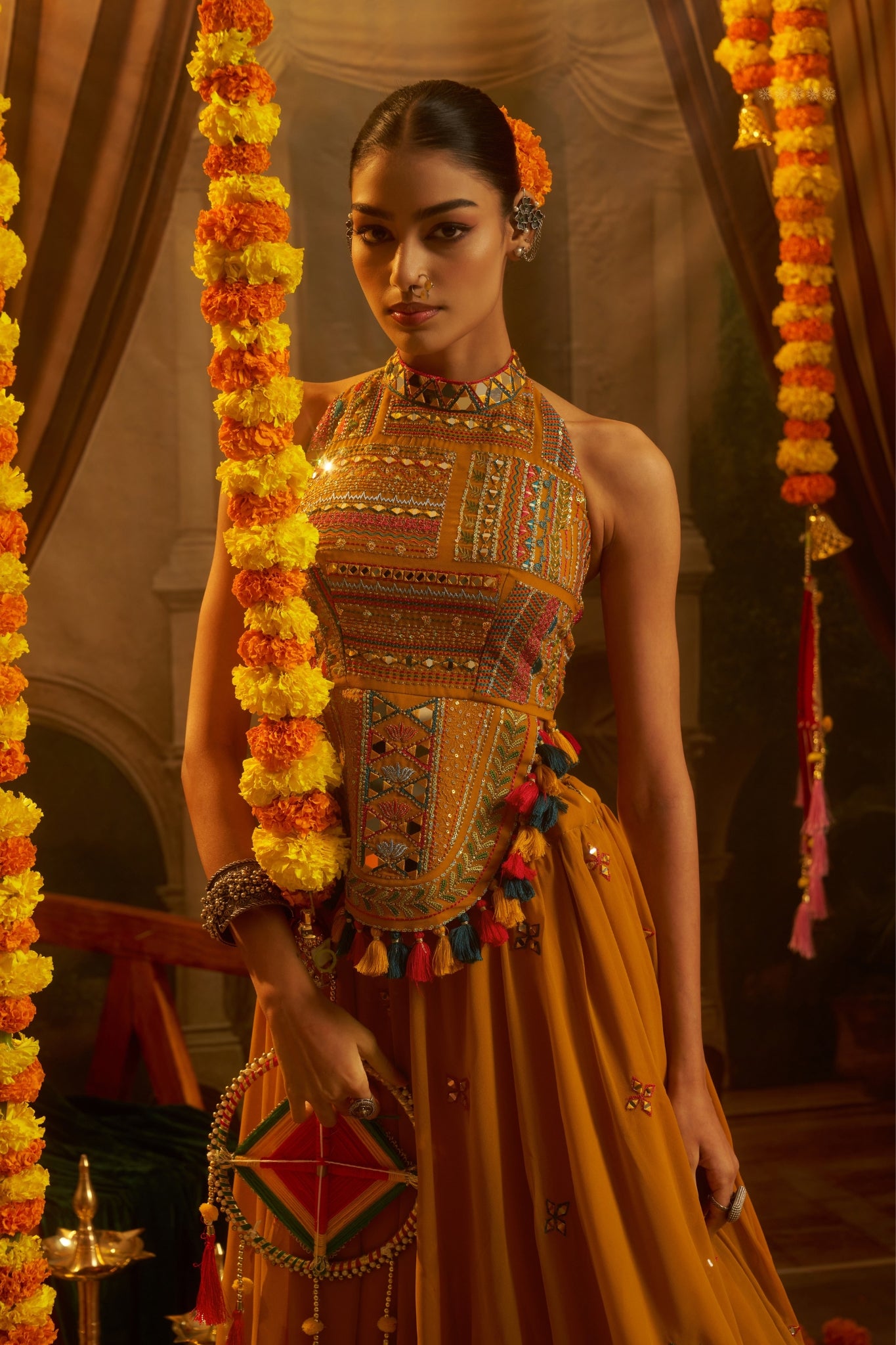 Raasrang Mustard Yellow Georgette Designer Lehenga Choli With Mirror Work Halter Blouse