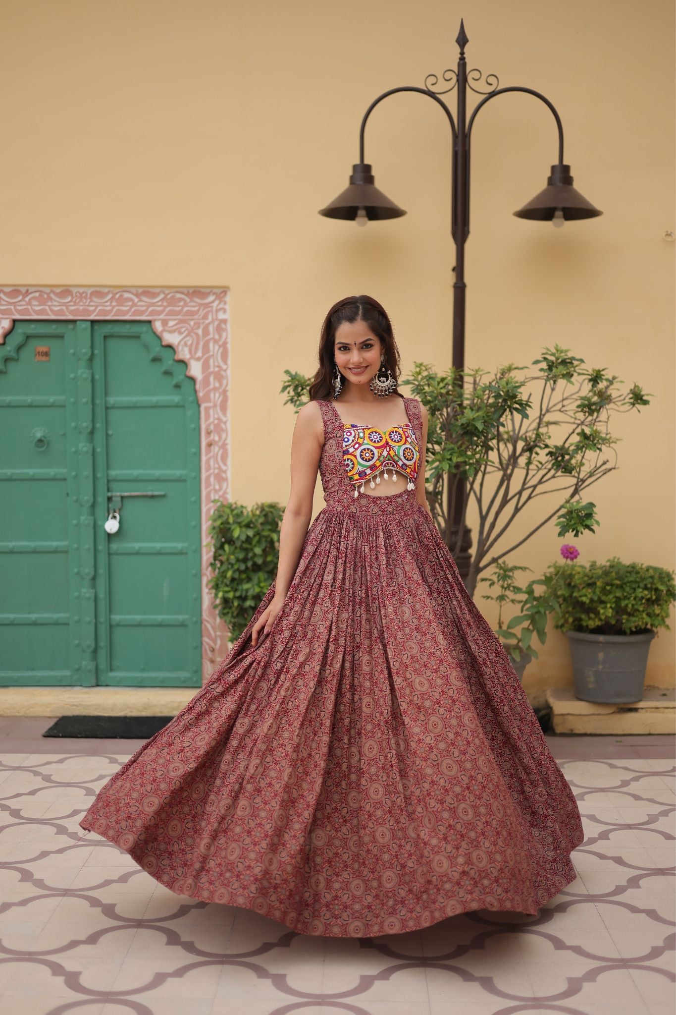 Stylish Printed Cotton Gamthi Work Navratri Gown