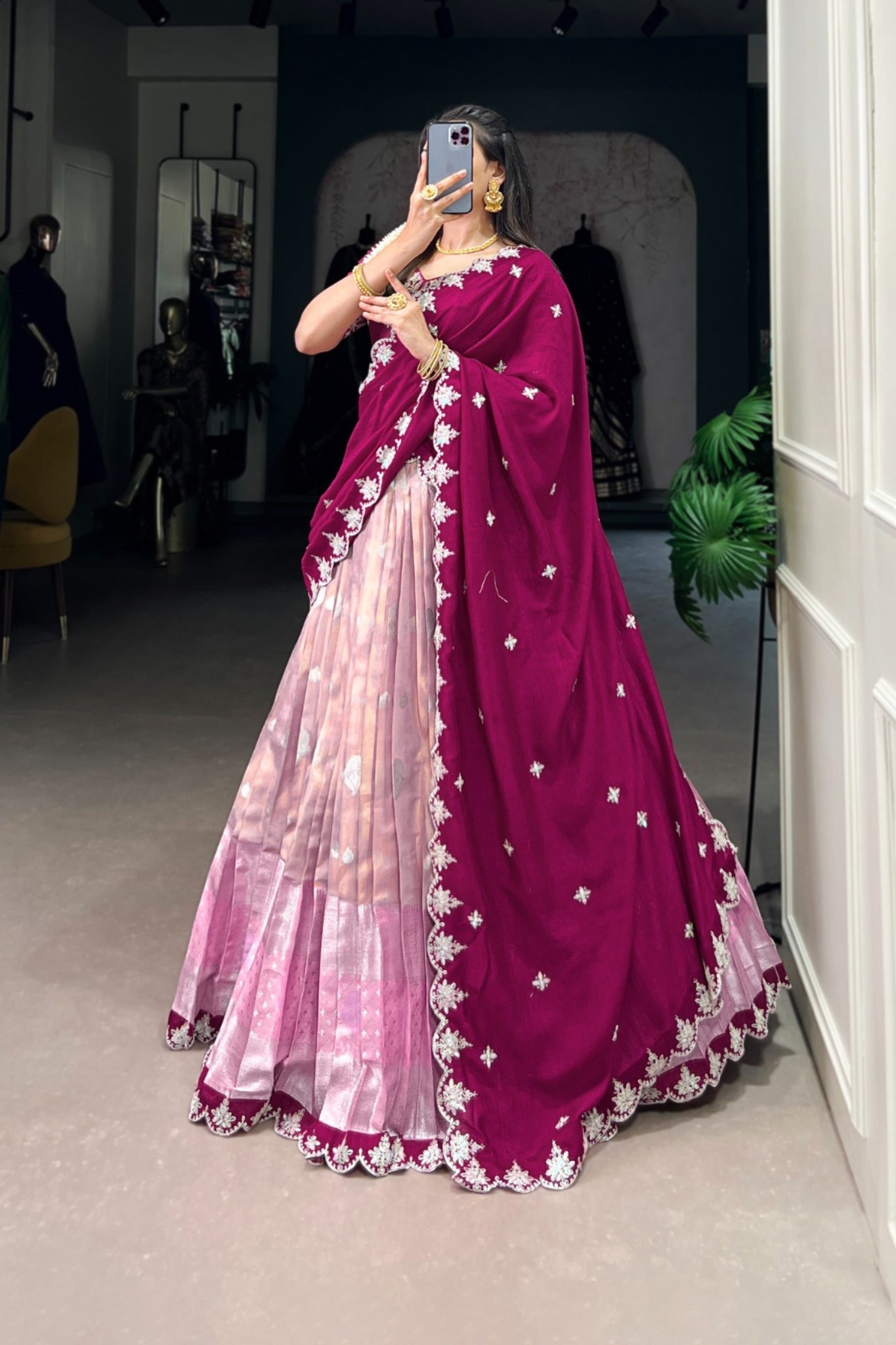 Zari Kota Lehenga Set With Embroidered Vichitra Silk Dupatta & Banglory Blouse