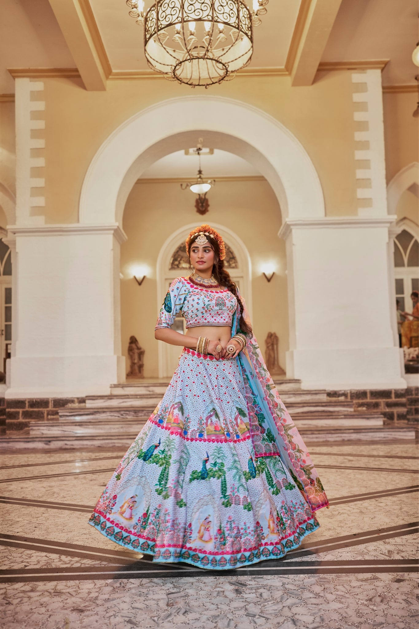 Elegant Powder Blue Art Silk Heritage Lehenga Set