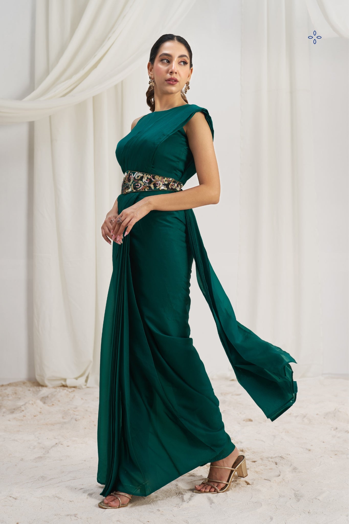 Teal Green Royale Luxe Organza Saree With Signature Embellished Belt