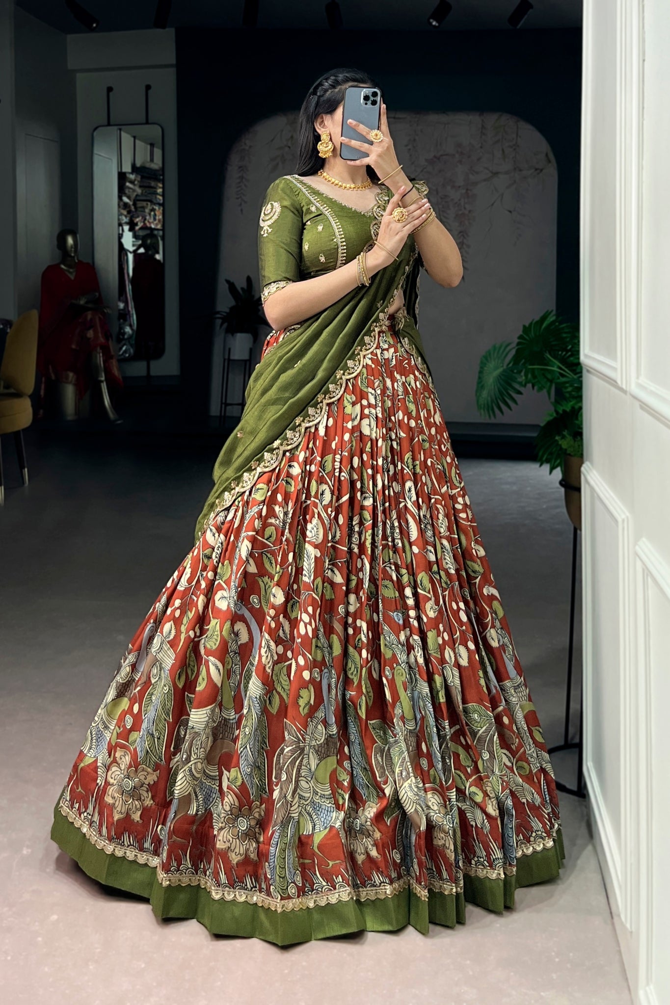 Premium Kalamkari Tasar Silk Lehenga Choli With Embroidered Dupatta
