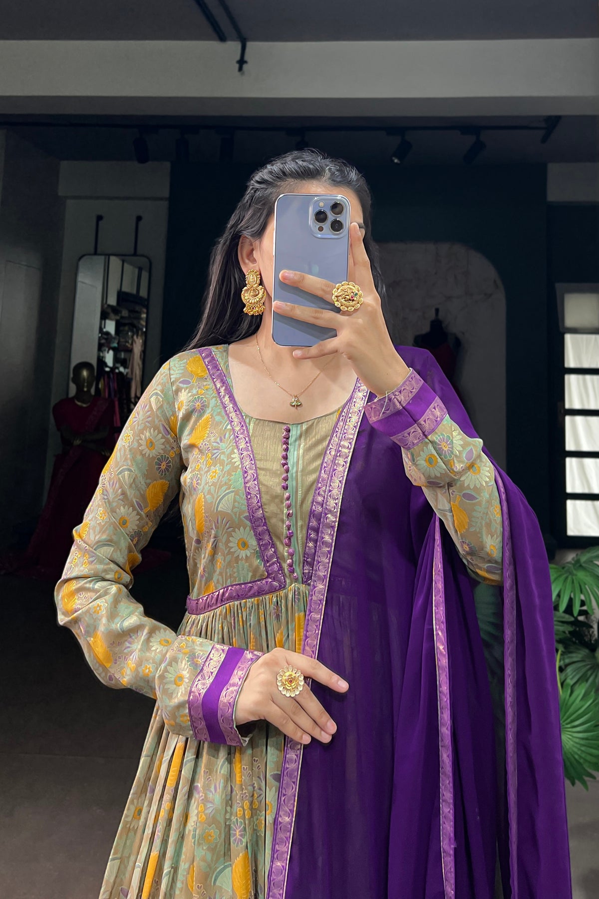 Tasar Silk Floral Print Anarkali Dress with Foil Work & Georgette Lace Border Dupatta