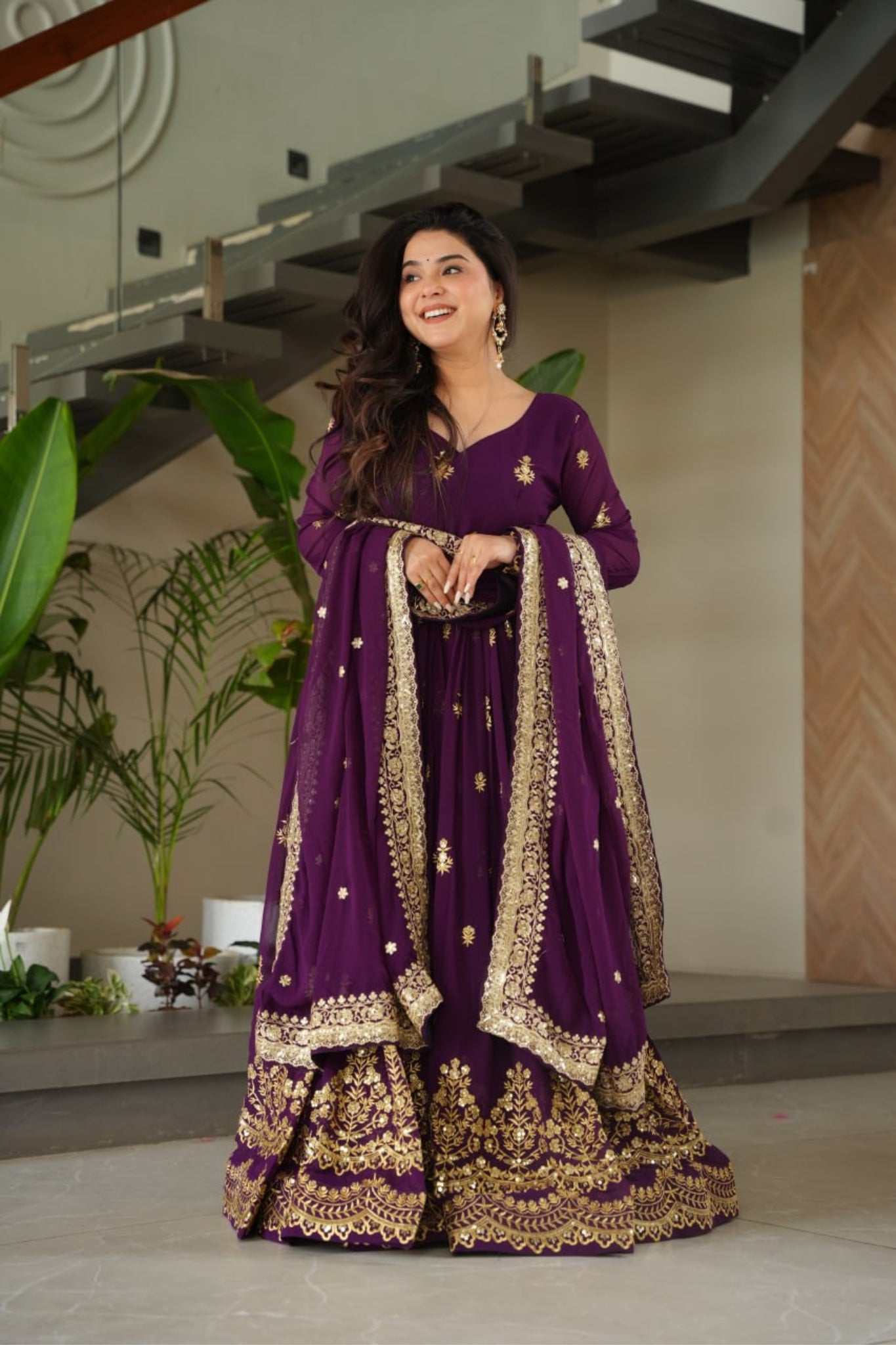 Luxury Faux Blooming Zari And Sequin Embroidered Designer Gown With Dupatta