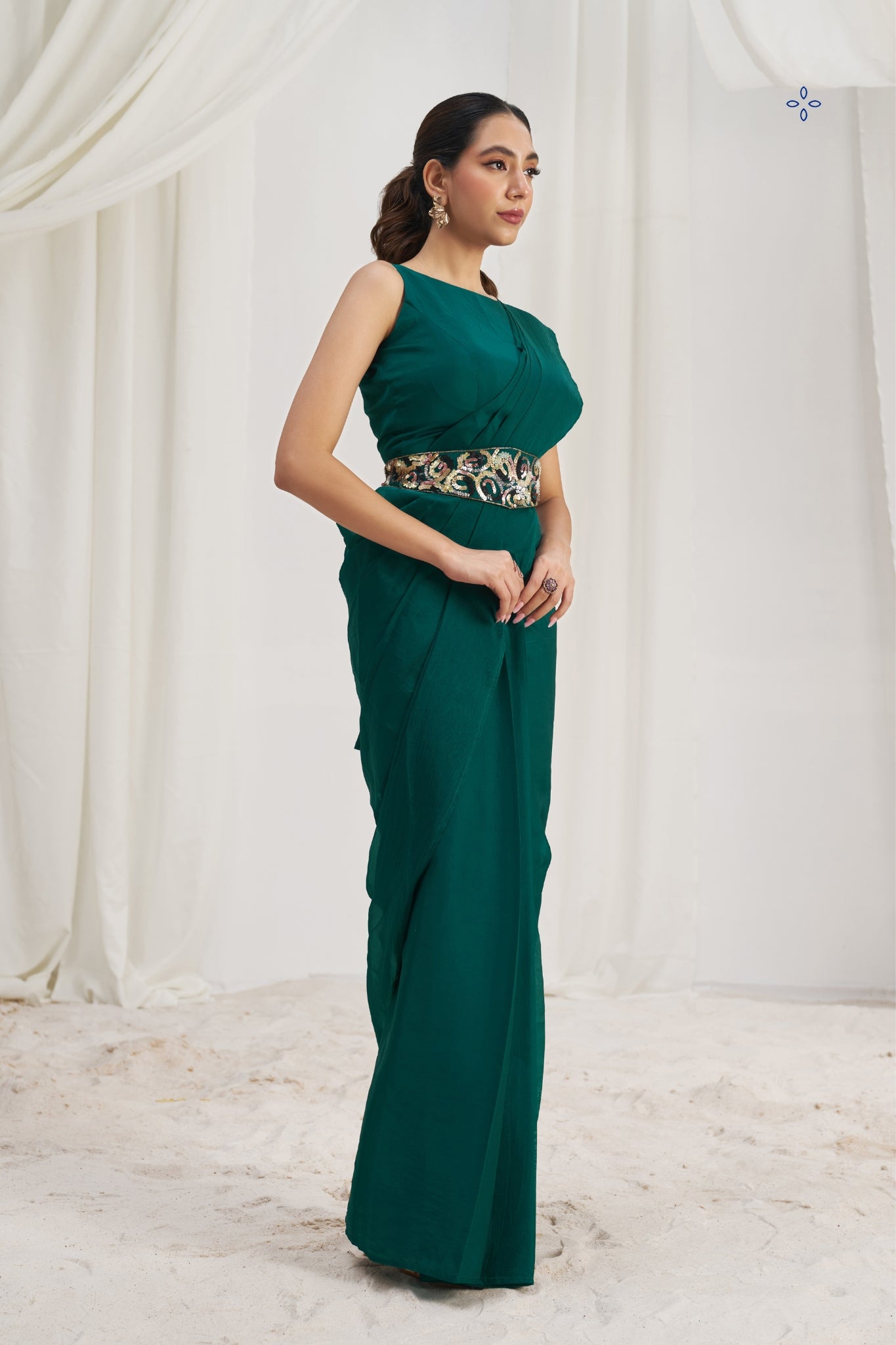 Teal Green Royale Luxe Organza Saree With Signature Embellished Belt