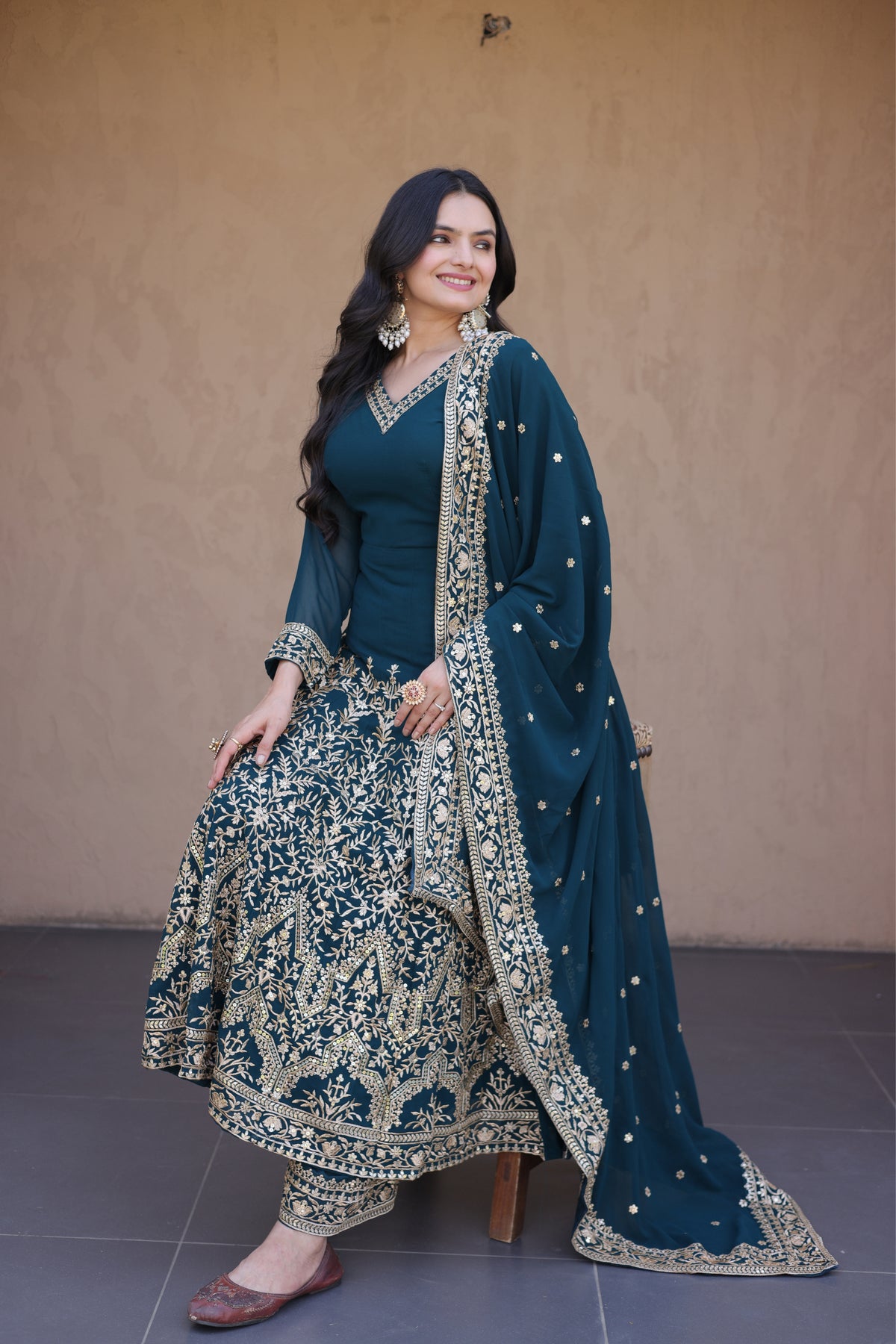 Designer Multi-Sequins Embroidered Anarkali Gown Set With Pant & Dupatta