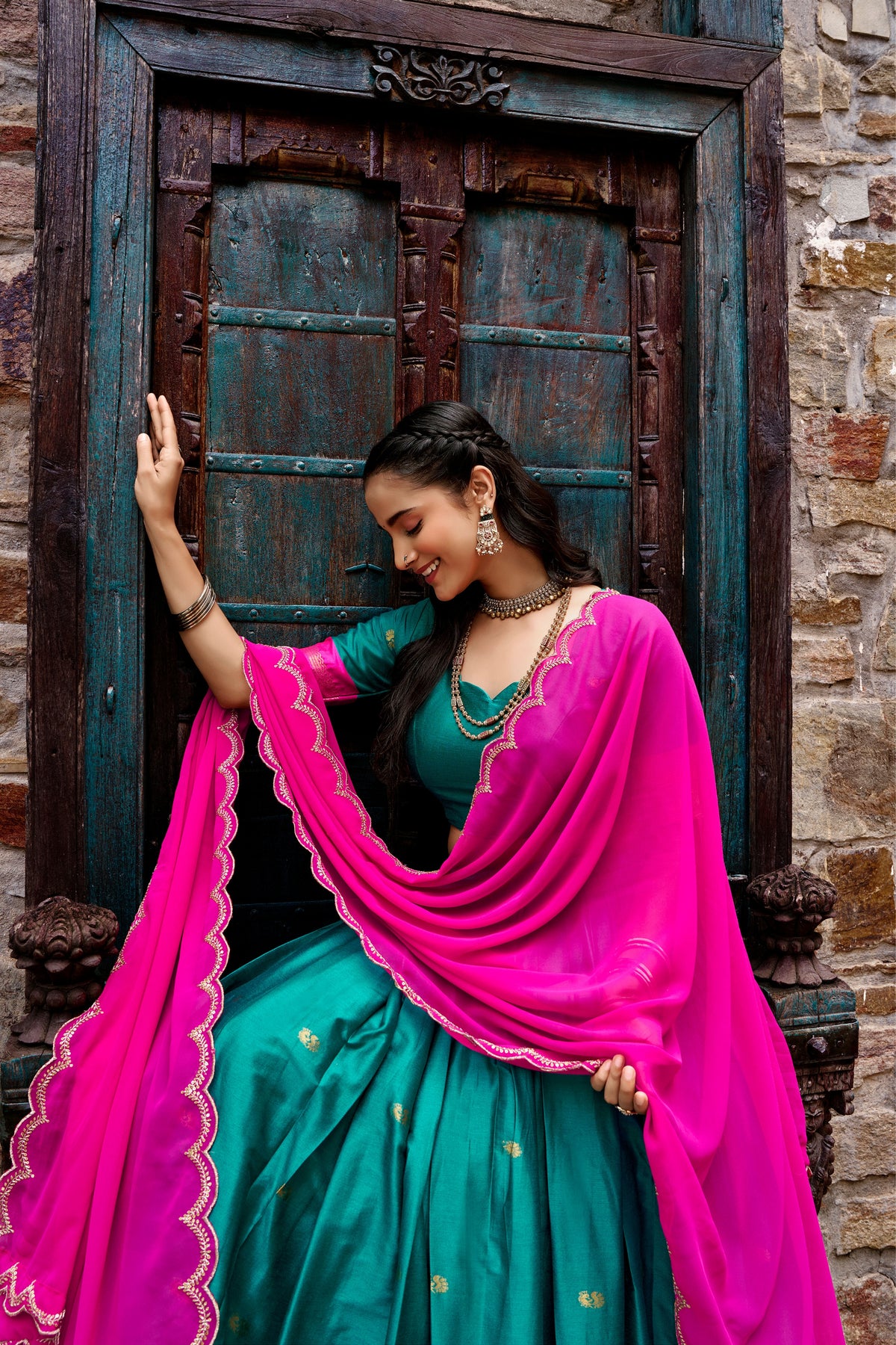 Buy South Indian Cotton Silk Lehenga Choli With Zari Woven Border