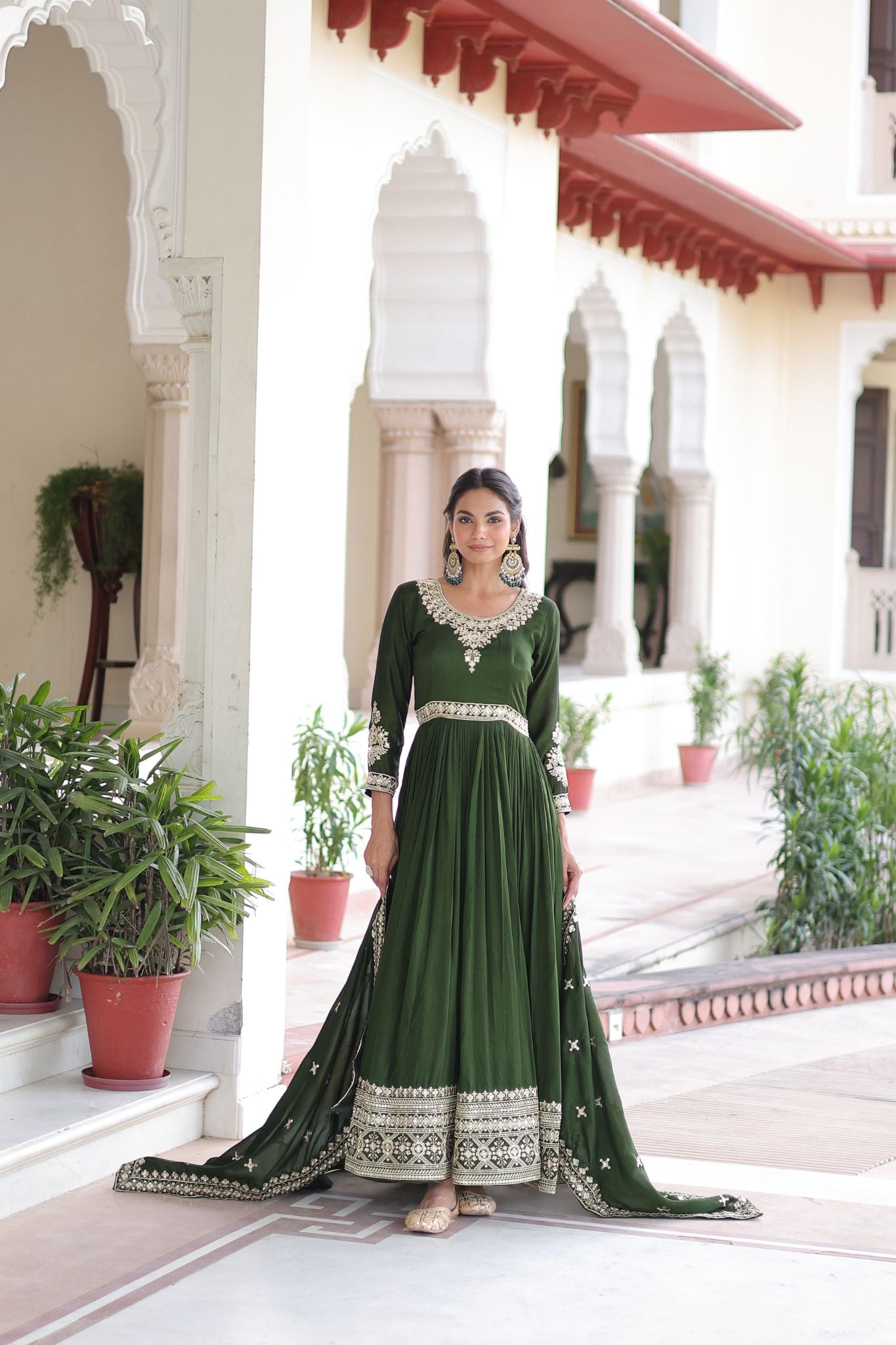 Luxury Vichitra Silk Embroidered Gown Set