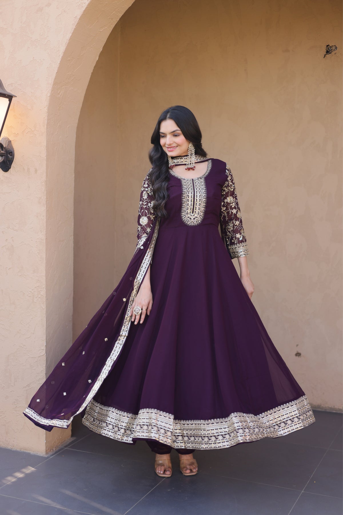 Designer Sequins Embroidered Anarkali Gown With Dupatta Set